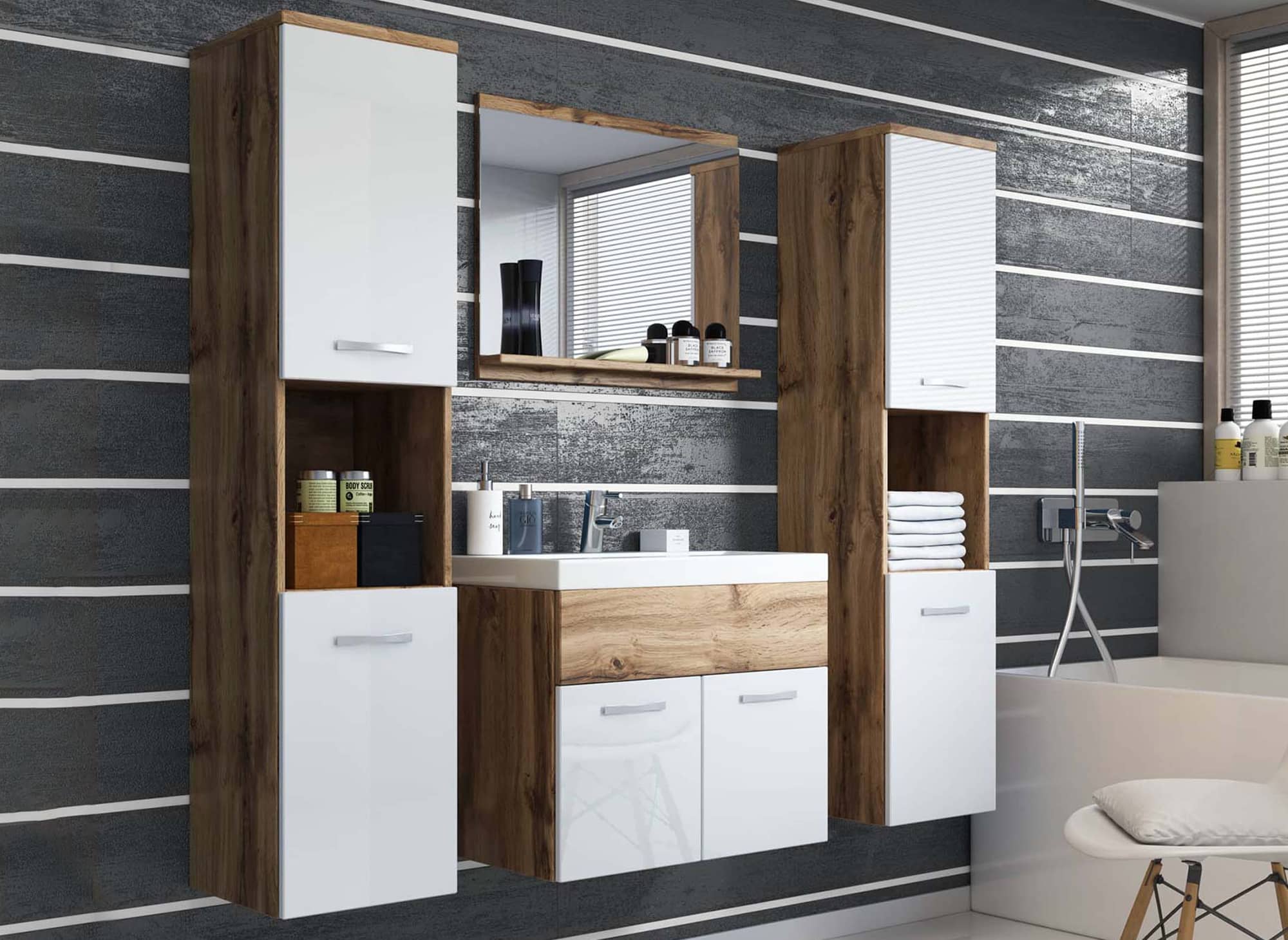 XL-Badmöbel-Set zur Wandmontage - Holz und Weiß HARMONY