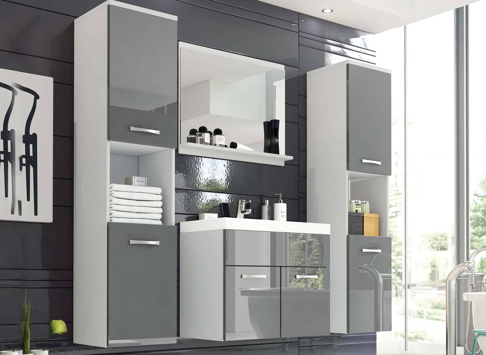 XL-Hänge-Designer-Badmöbelset - Weiß und Grau HARMONY