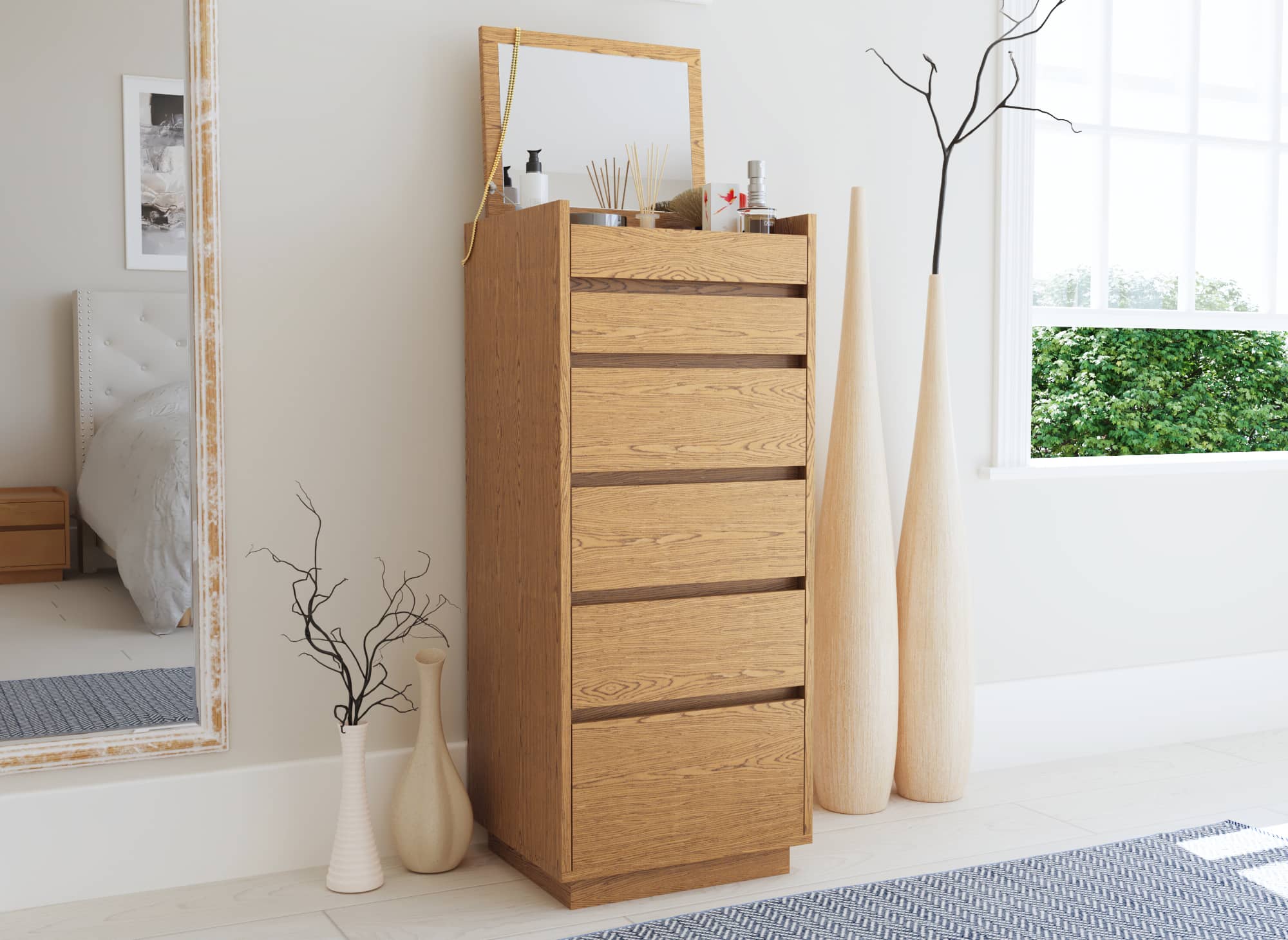 SACHA eichenfarbene Holzkommode mit 5 Schubladen und Frisiertisch