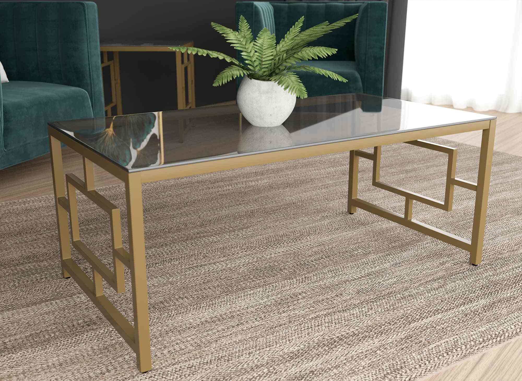 Rechteckiger Designer-Couchtisch PABLO aus schwarzem Glas und goldfarbenem Metall