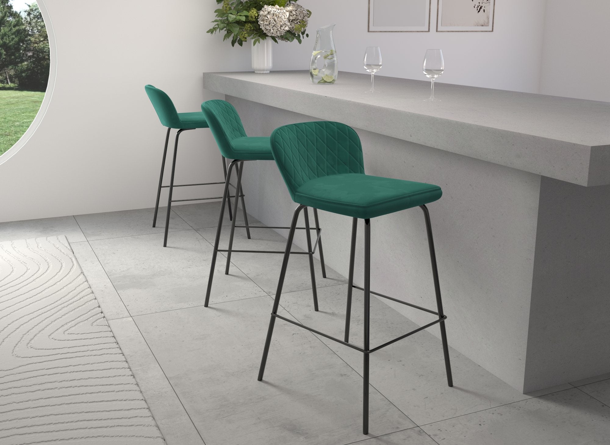 2er Set Designer Barhocker aus grünem Samt BOSCO