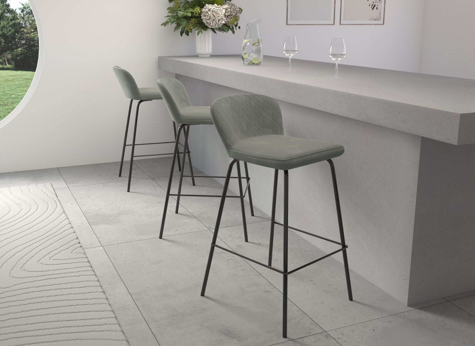 2er Set Designer Barhocker aus grauem Samt BOSCO