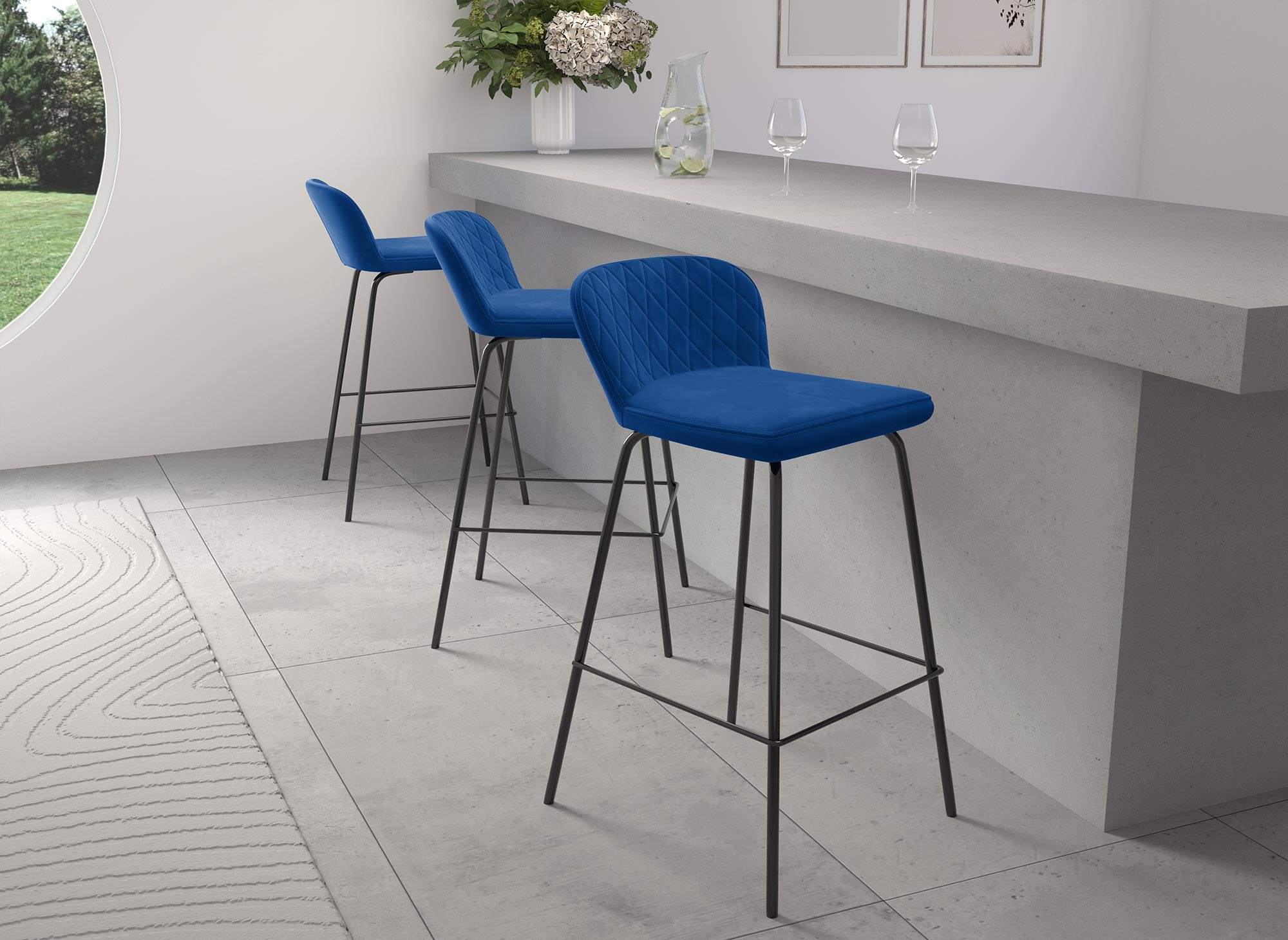 2er-Set BOSCO Designer-Barhocker aus blauem Samt