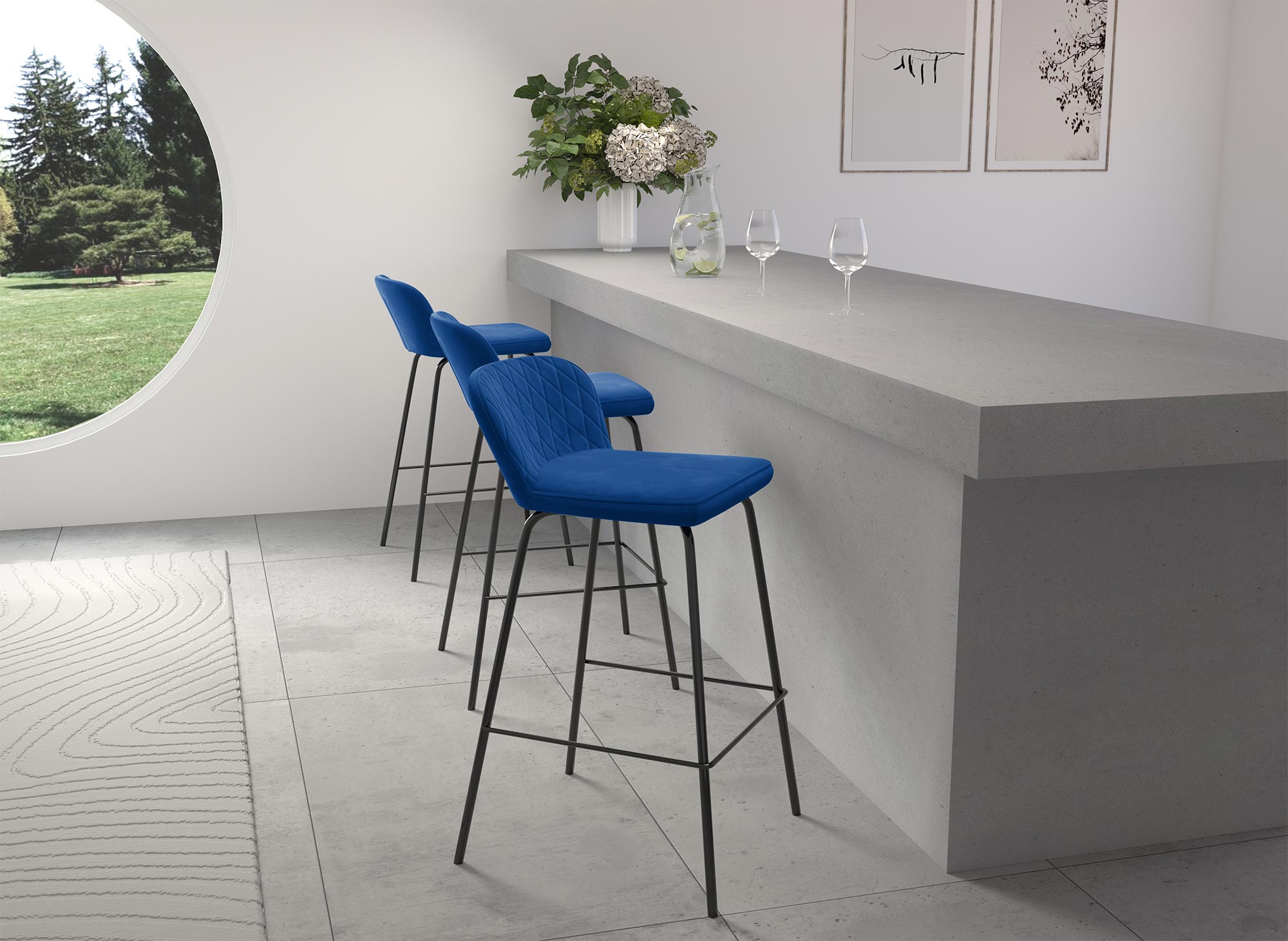 2er-Set BOSCO Designer-Barhocker aus blauem Samt