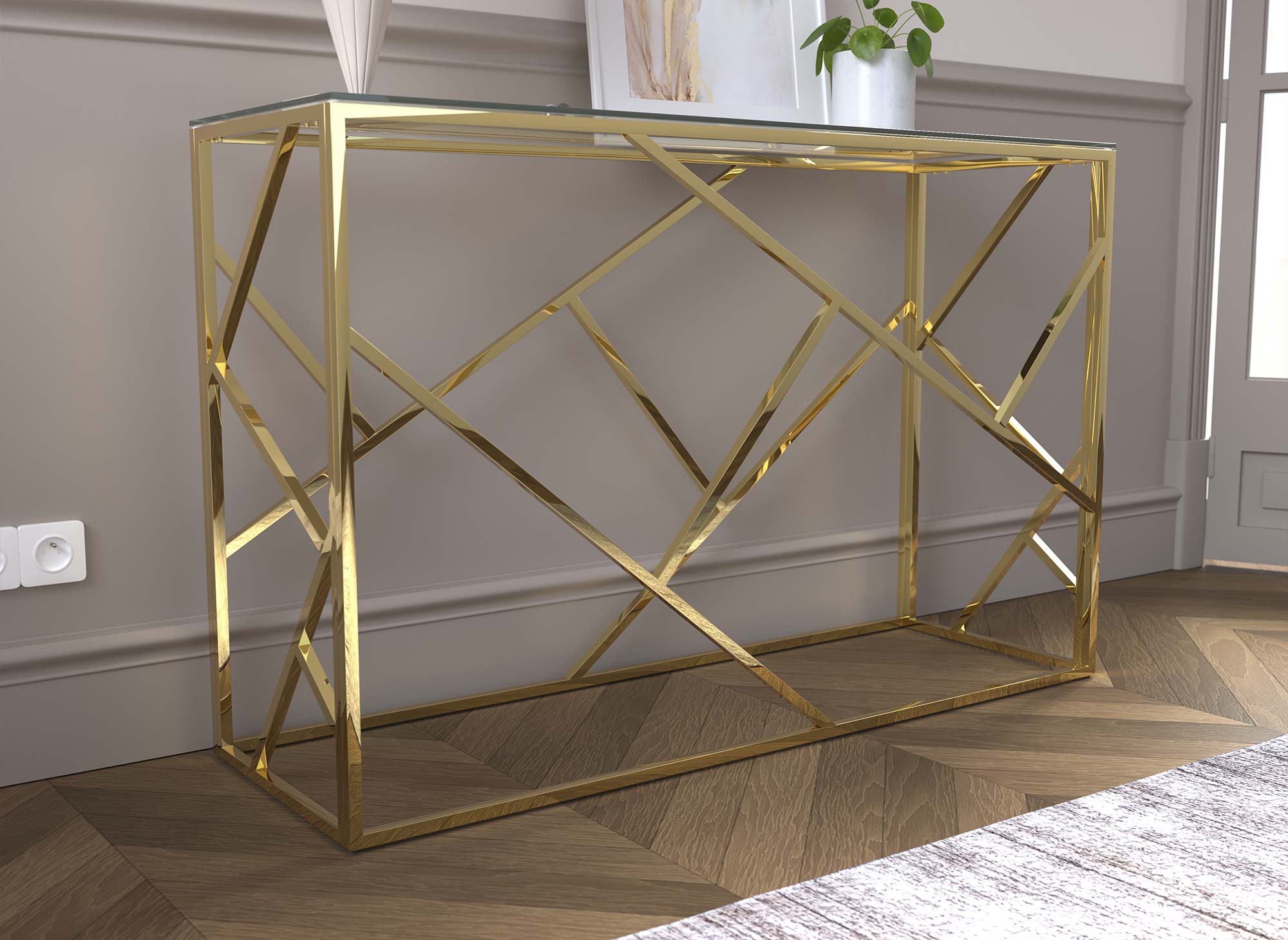 DELTA Designer-Konsole aus transparentem Glas und goldfarbenem Metall