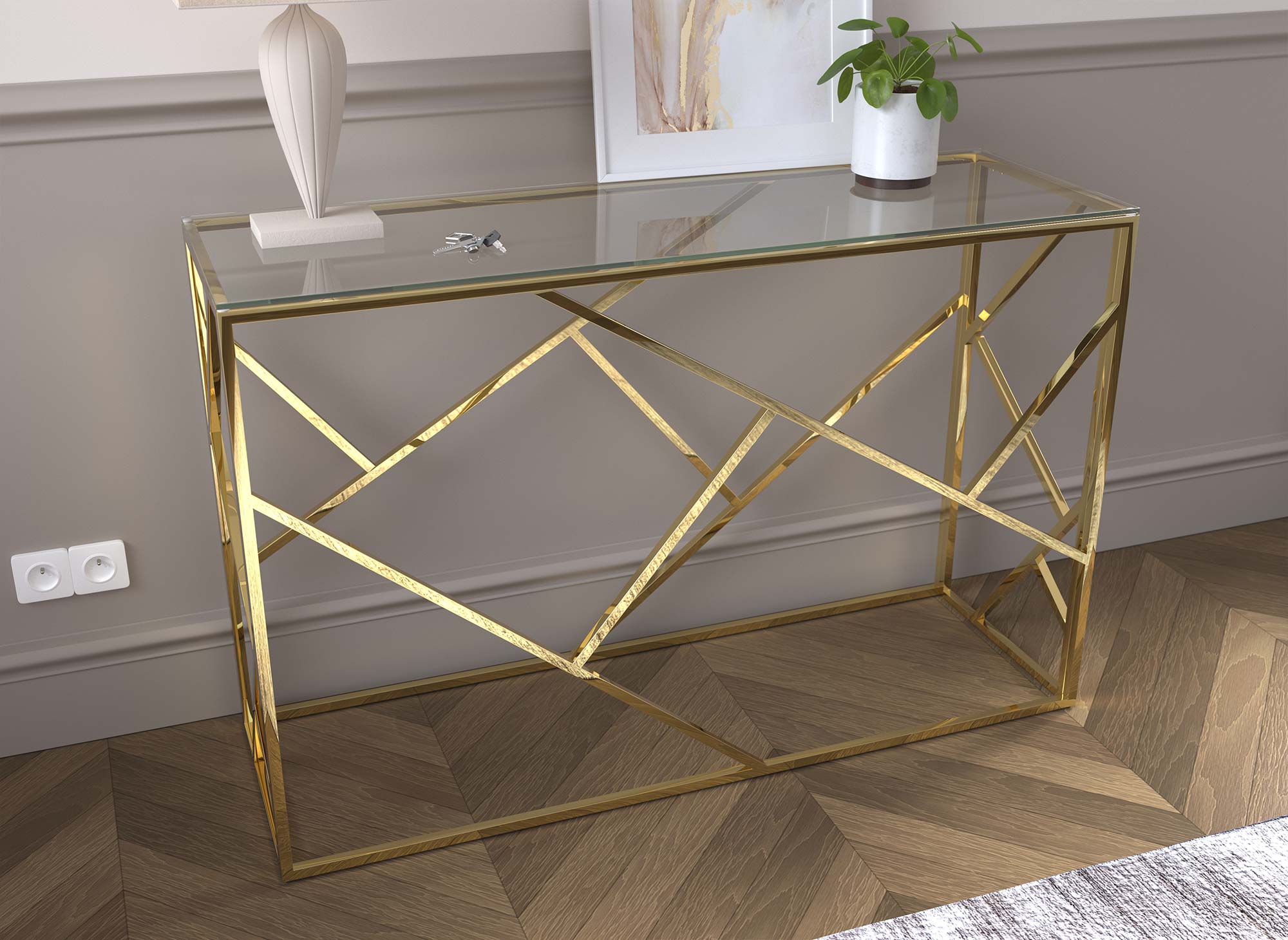 DELTA Designer-Konsole aus transparentem Glas und goldfarbenem Metall
