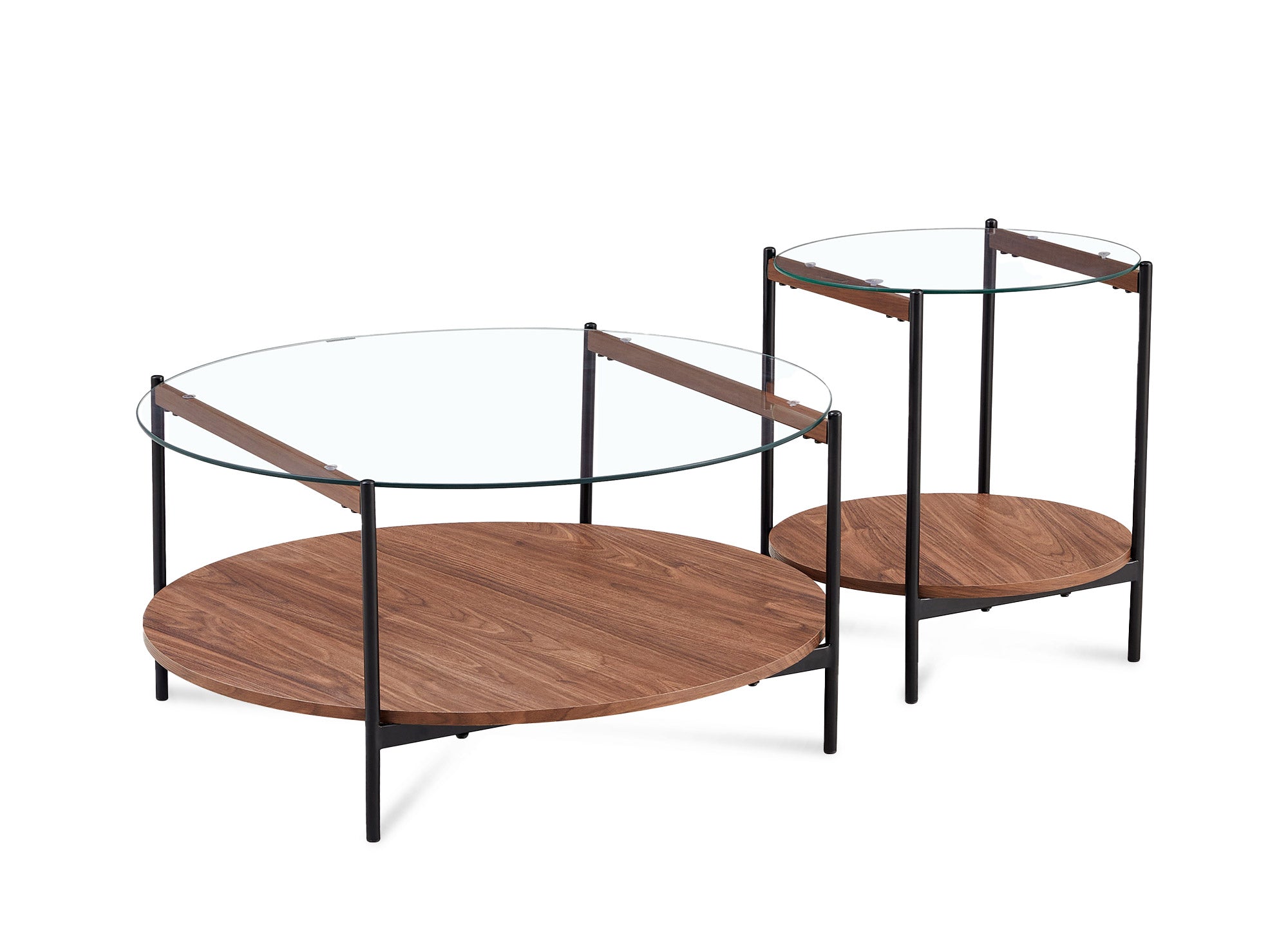 2er-Set runde Couchtische aus Glas, Holz und Metall RIZZO