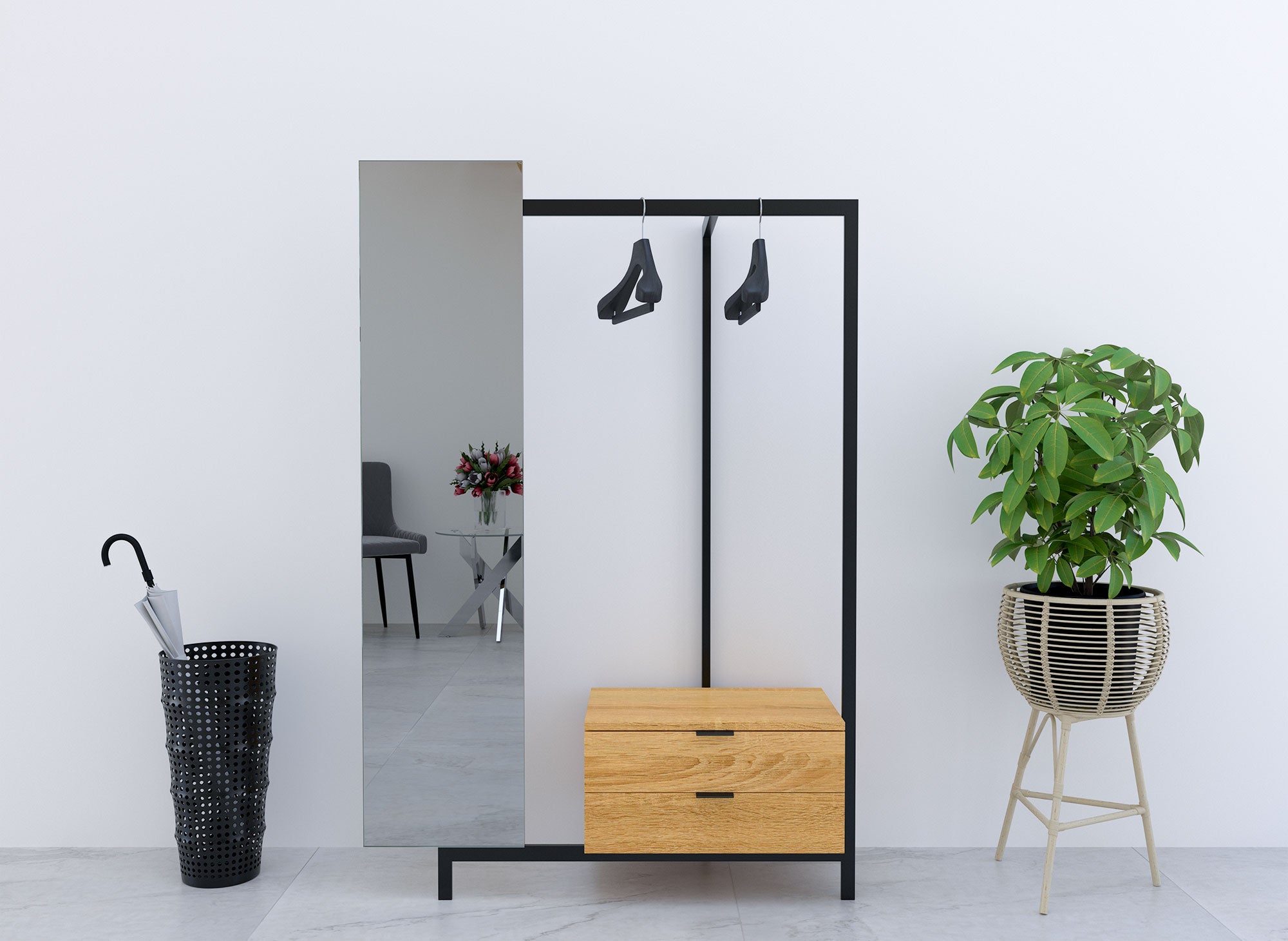 GLENN Eingangsmöbel mit Spiegelschrank und 2 Schubladen aus Holz und Metall