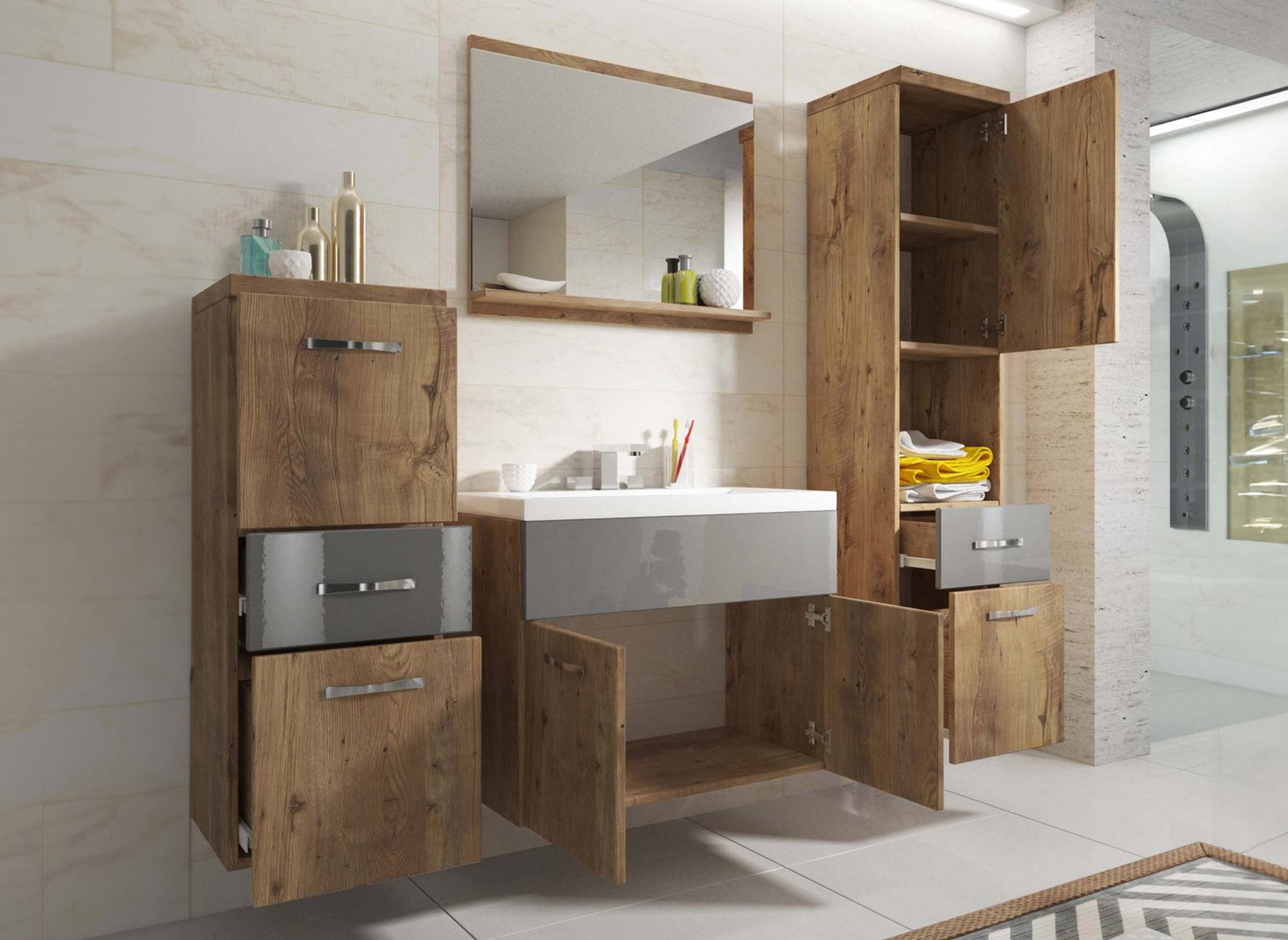 Wandmontiertes Badezimmermöbelset - Gealtertes Holz und Grau SHELBY