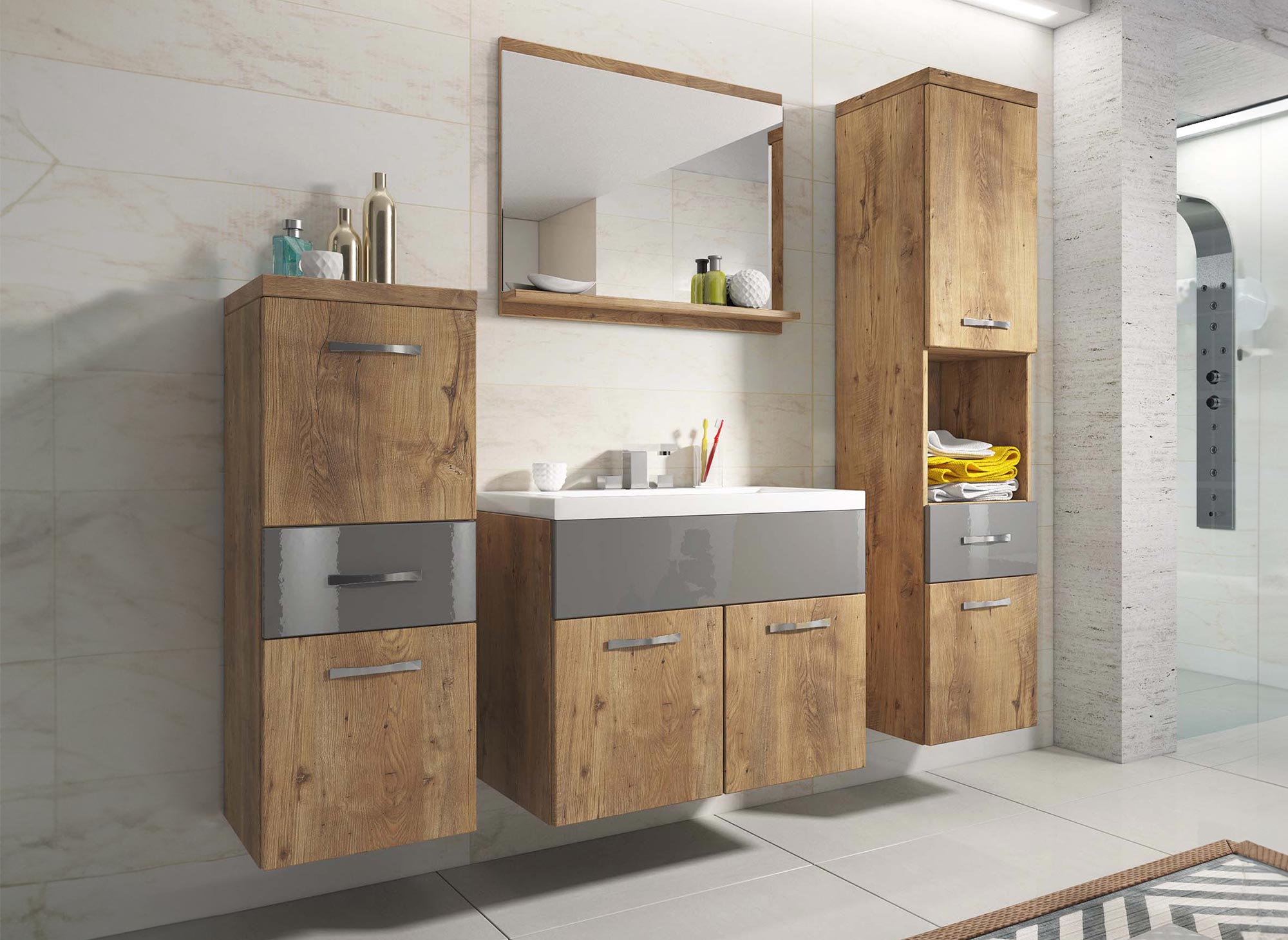 Wandmontiertes Badezimmermöbelset - Gealtertes Holz und Grau SHELBY