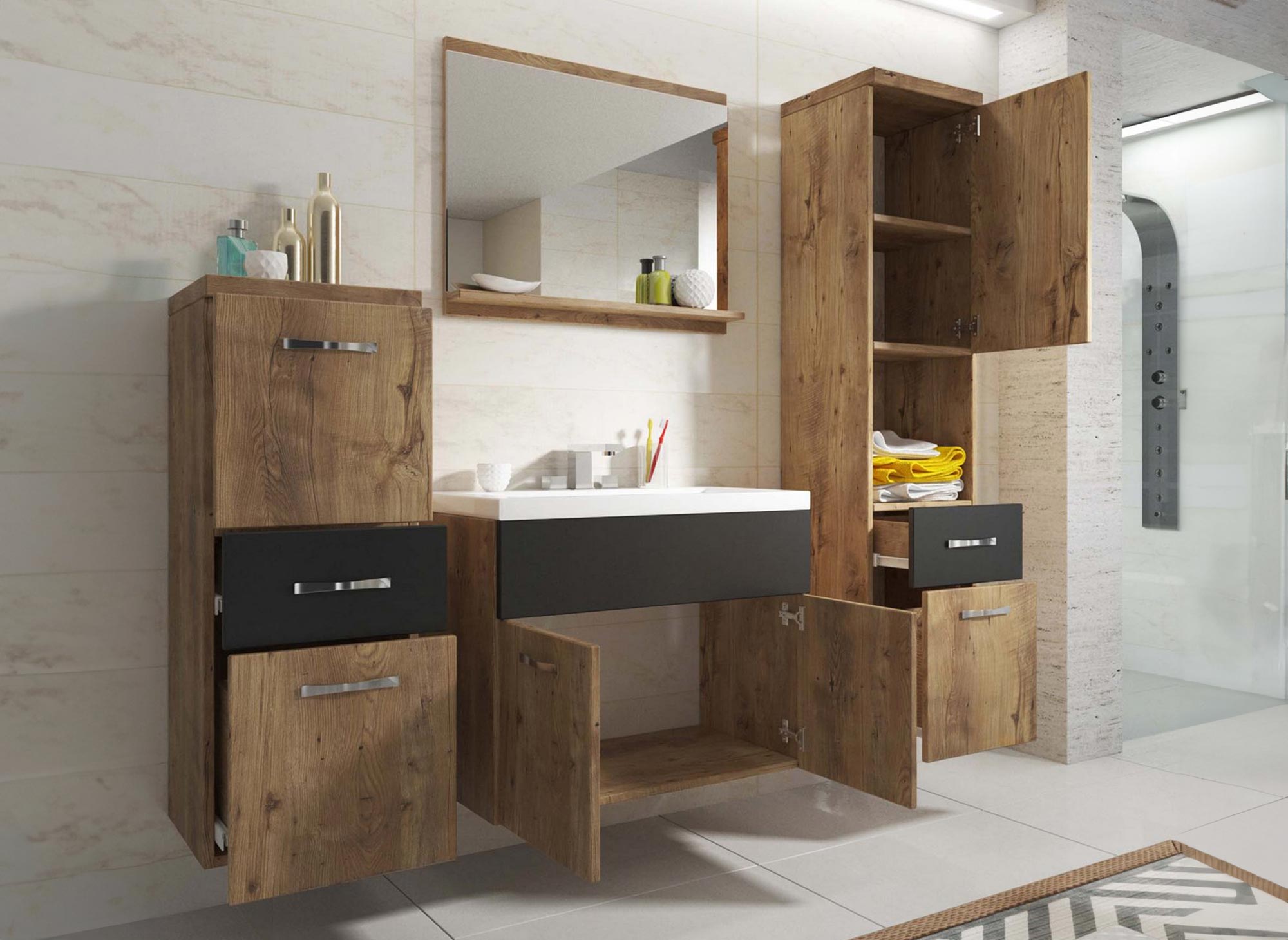 Shelby Wand-Badmöbelset - Eiche und Holz in Schwarzoptik