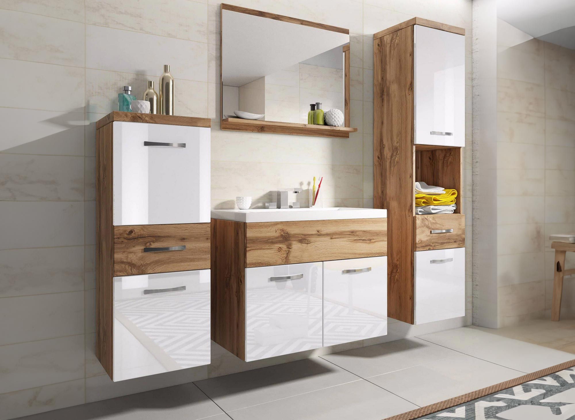 Wandmontiertes Badezimmermöbel-Set - Altholz und Weiß SHELBY