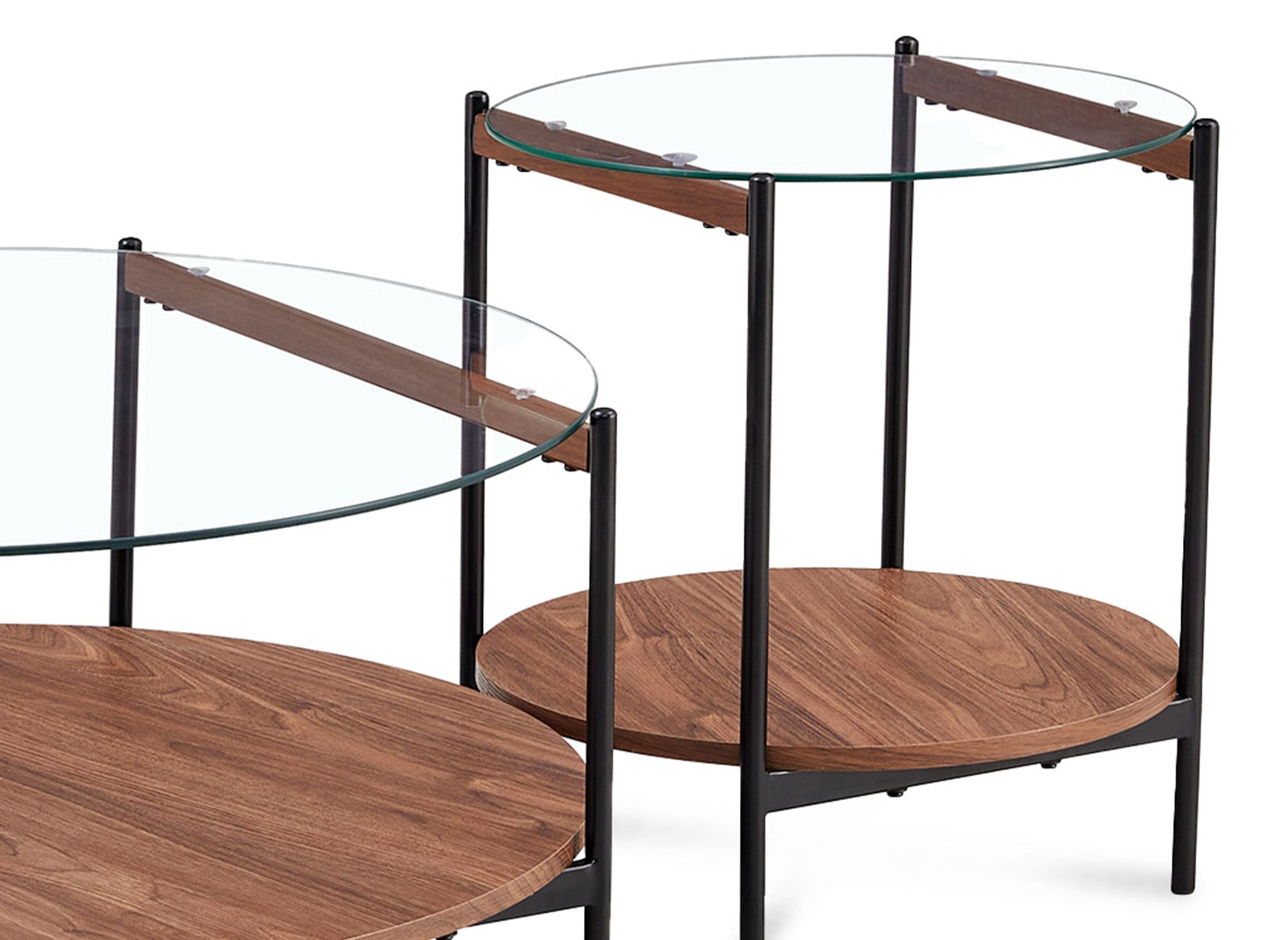 2er-Set runde Couchtische aus Glas, Holz und Metall RIZZO