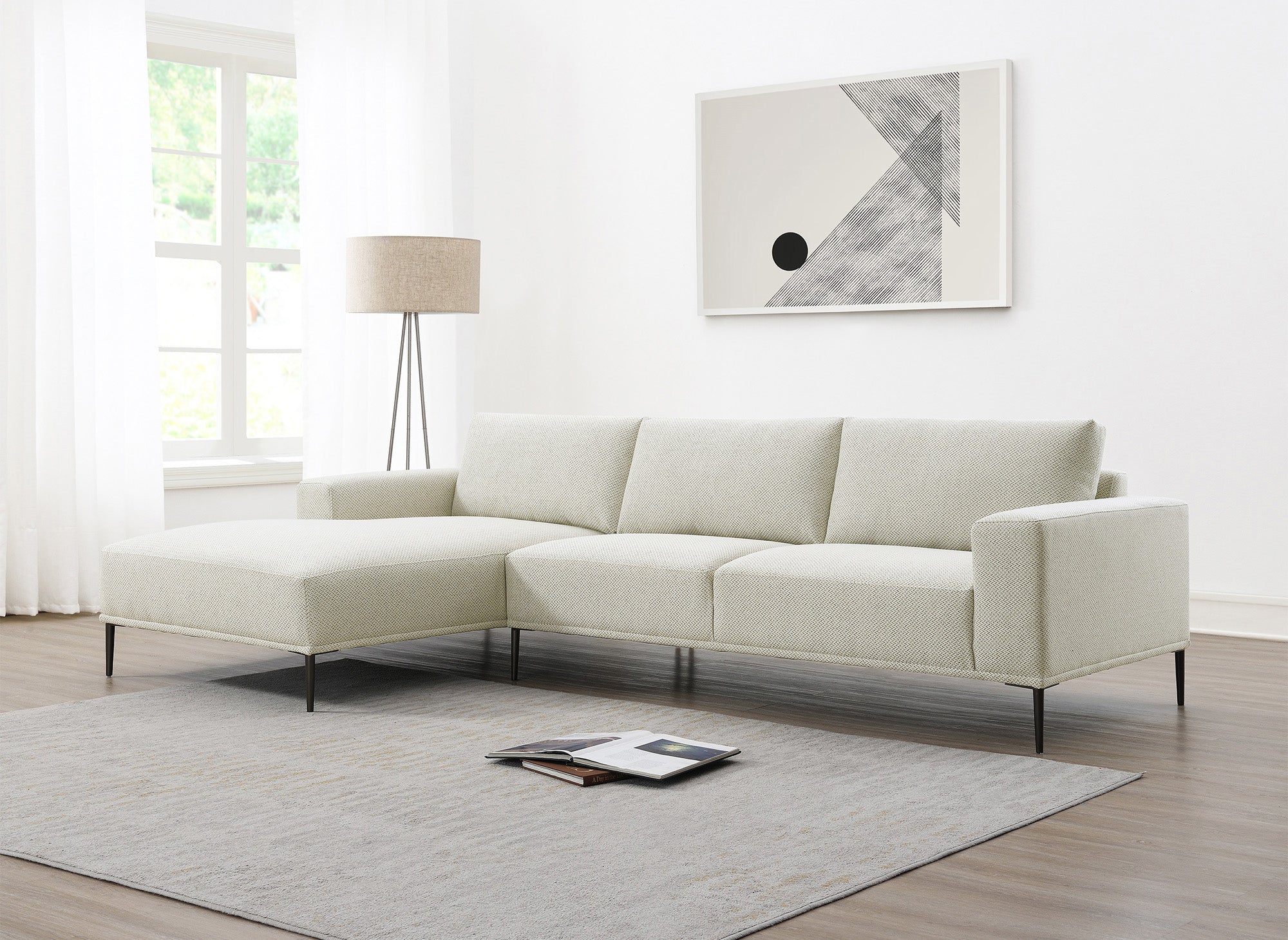 Ecksofa ARNOLD aus beigefarbenem Stoff mit Chaiselongue - Linke Ecke