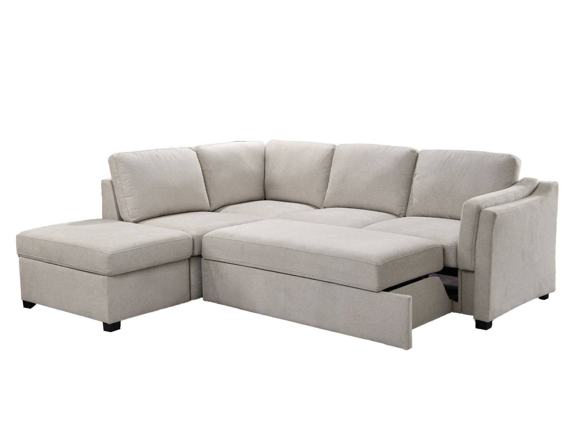 BARNEY beiges Stoffschlafsofa mit Stauraum - Linke Ecke
