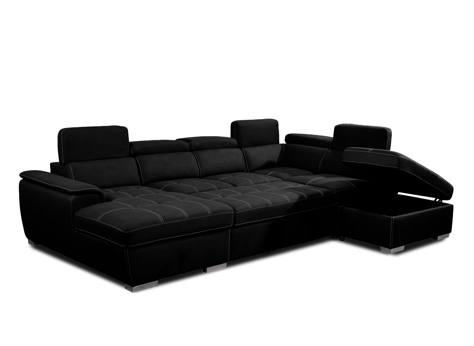 OLIVER Panorama-Sofa mit Aufbewahrungsbox aus schwarzem Stoff - Linke Ecke