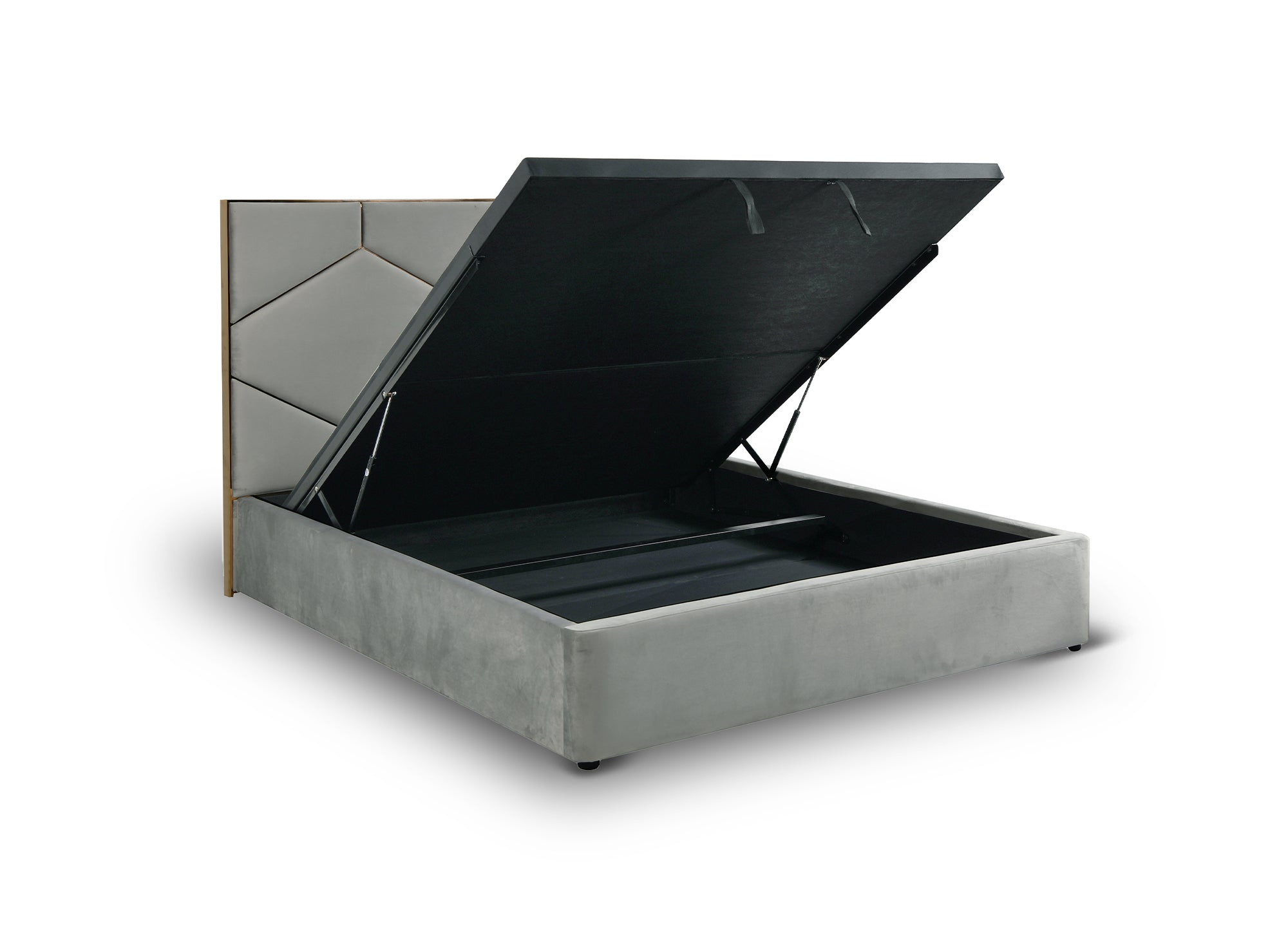 LARA graues Samtbett mit Stauraum und Designer-Kopfteil 180 x 200 cm