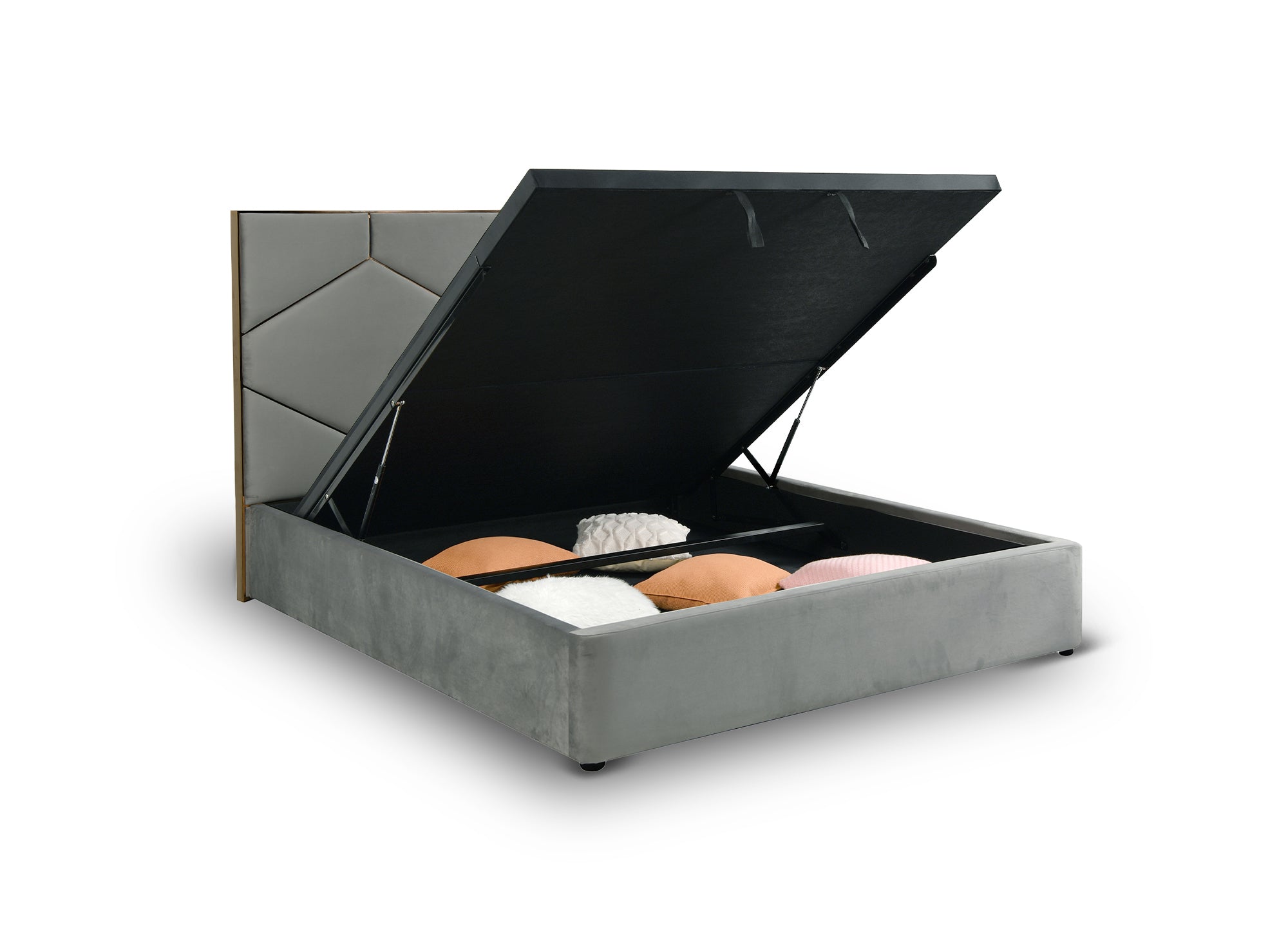 LARA graues Samtbett mit Stauraum und Designer-Kopfteil 180 x 200 cm