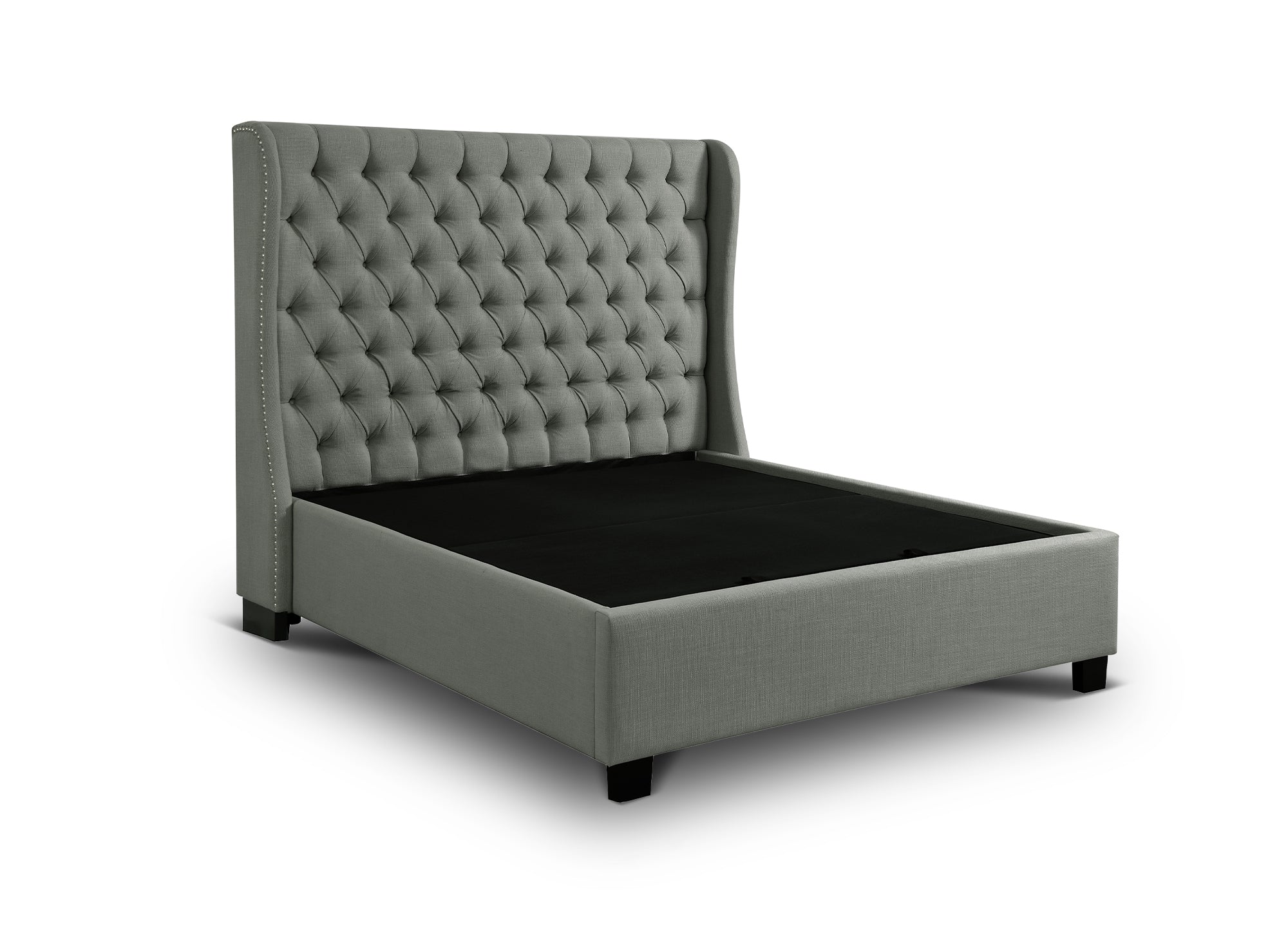 FLORINE Bett mit Stauraum und Polsterung aus grauem Leinenstoff, 180 x 200 cm