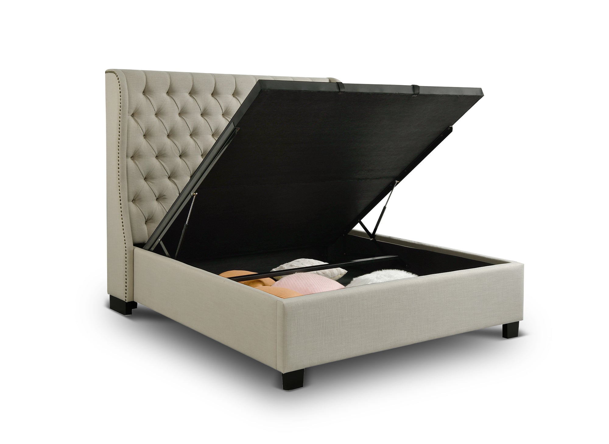 FLORINE Bett mit Stauraum und Polsterung aus beigefarbenem Leinenstoff 180 x 200 cm