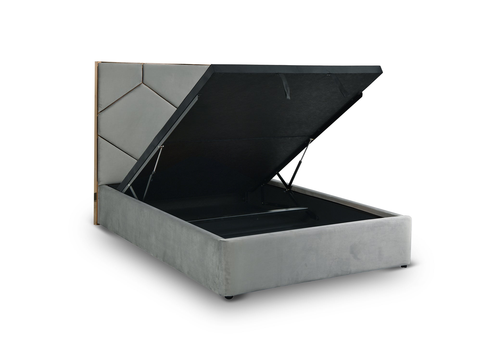 LARA graues Samtbett mit Stauraum und Designer-Kopfteil 140 x 190 cm