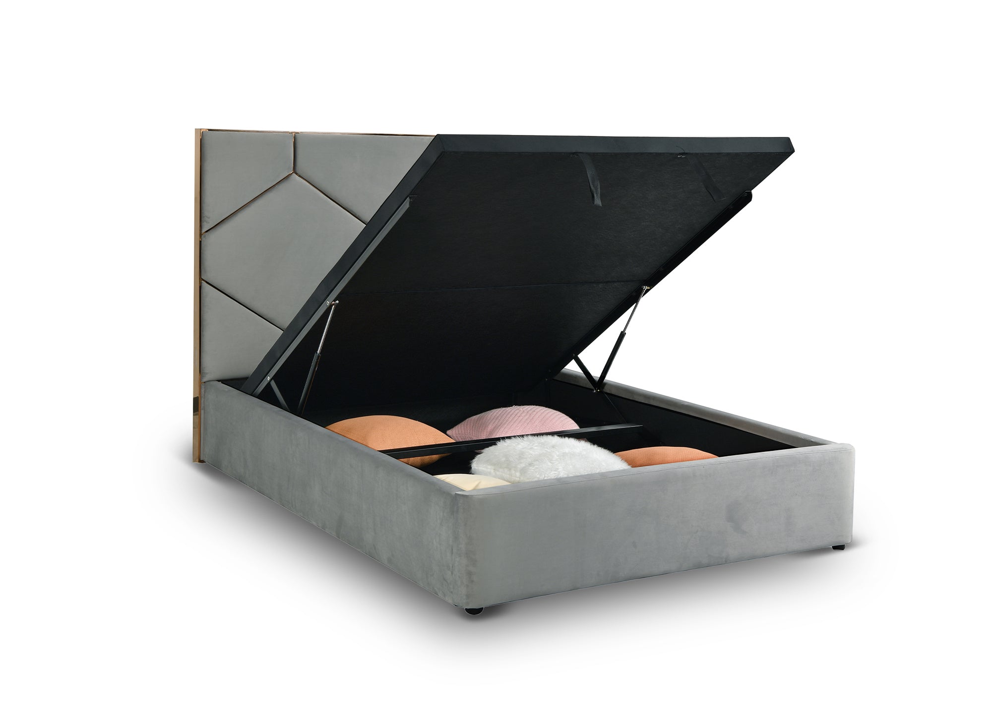 LARA graues Samtbett mit Stauraum und Designer-Kopfteil 140 x 190 cm