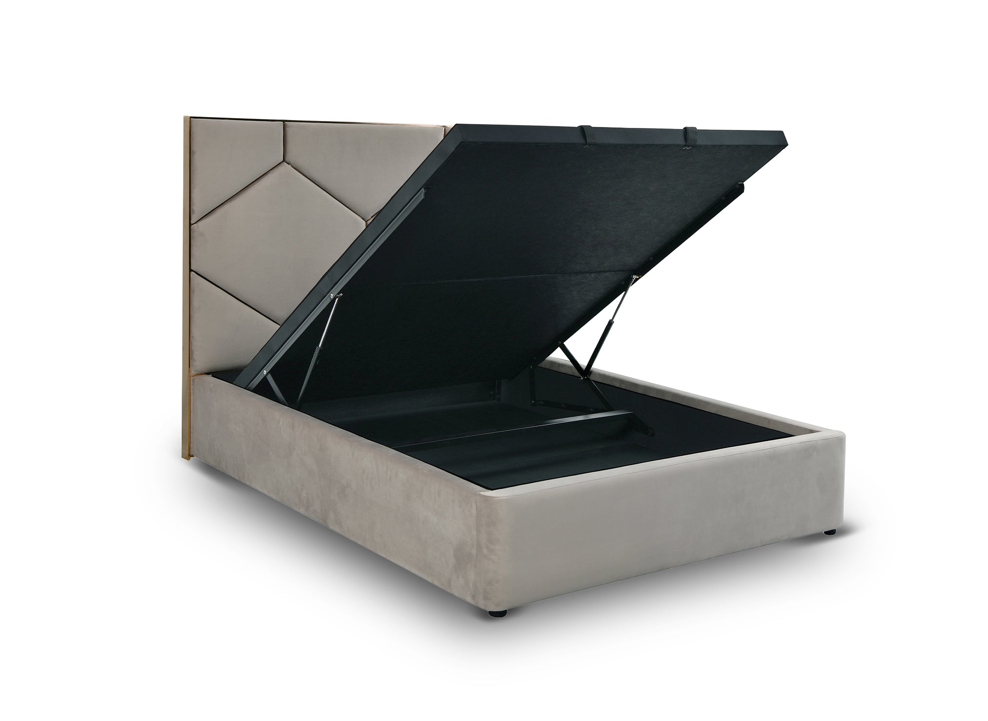 LARA Stauraumbett mit Designer-Kopfteil in Taupe Samt 140 x 190 cm