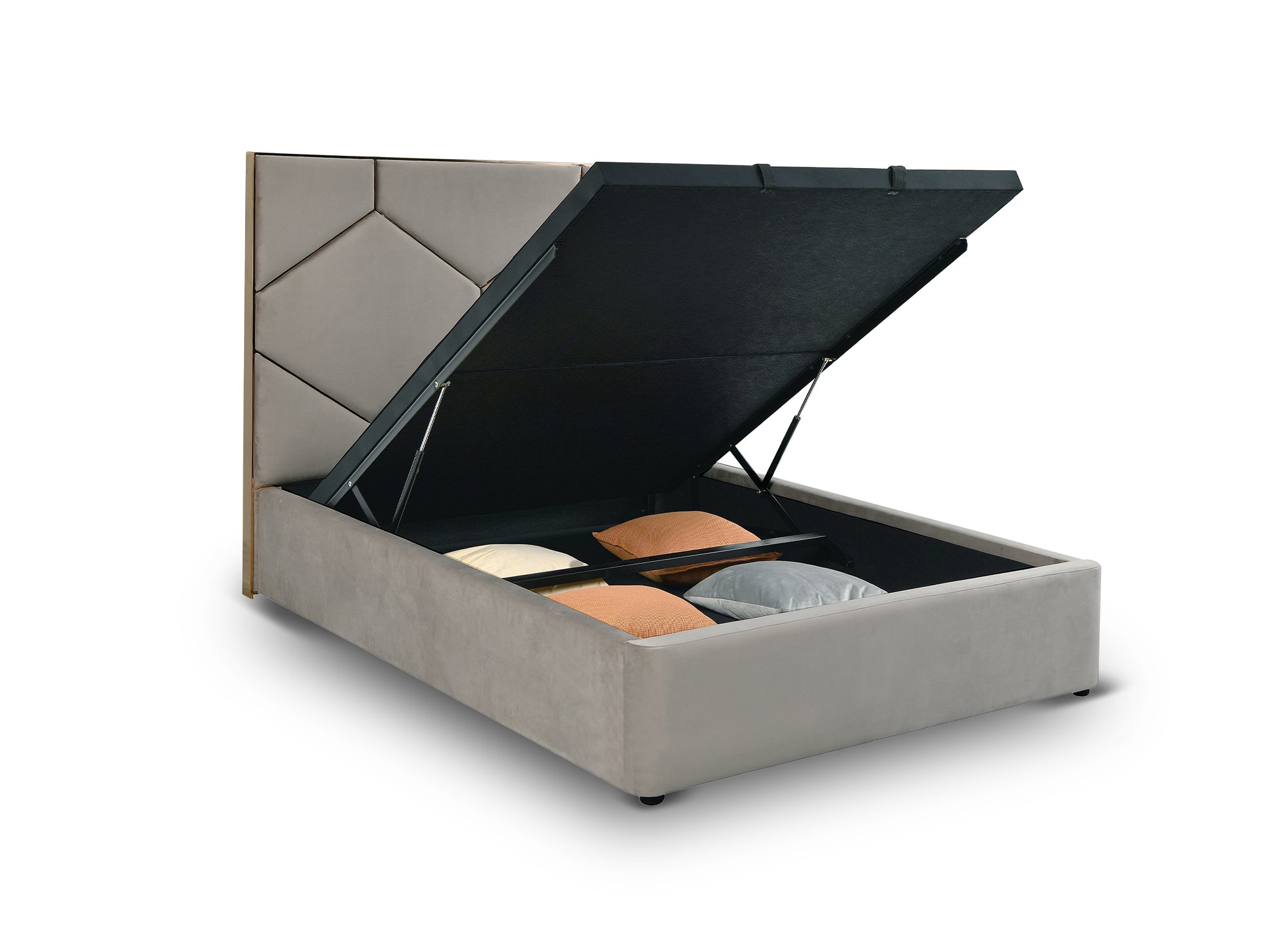 LARA Stauraumbett mit Designer-Kopfteil in Taupe Samt 140 x 190 cm