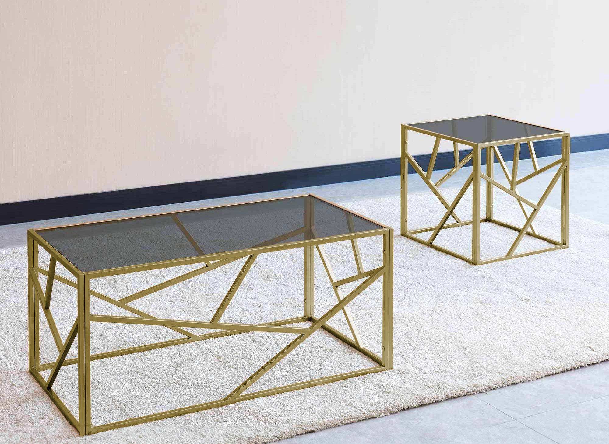 Quadratischer Designer-Couchtisch SOLAL aus schwarzem Glas und goldfarbenem Metall