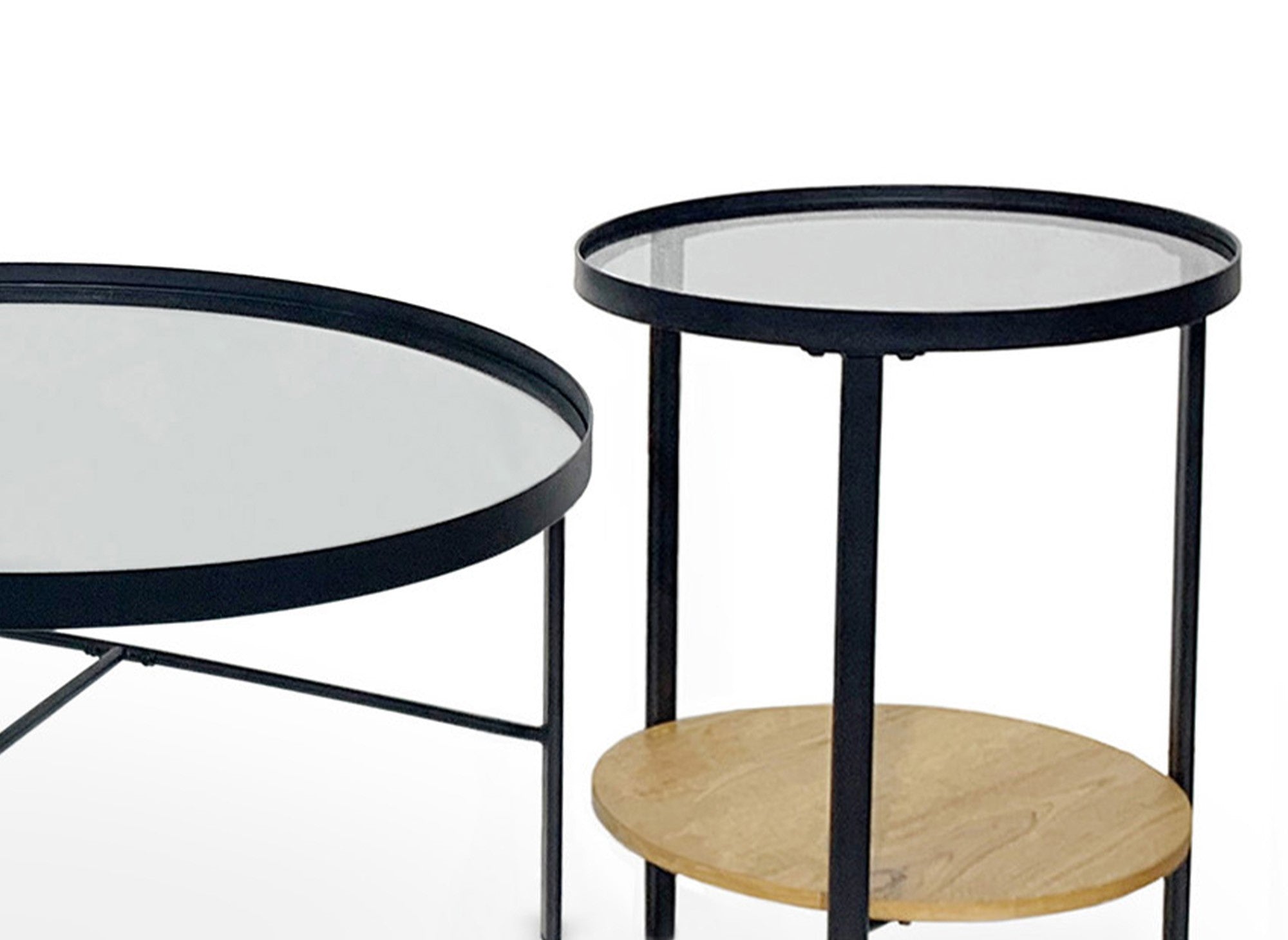 3er-Set RIONA runde Couchtische aus Holz und Glas