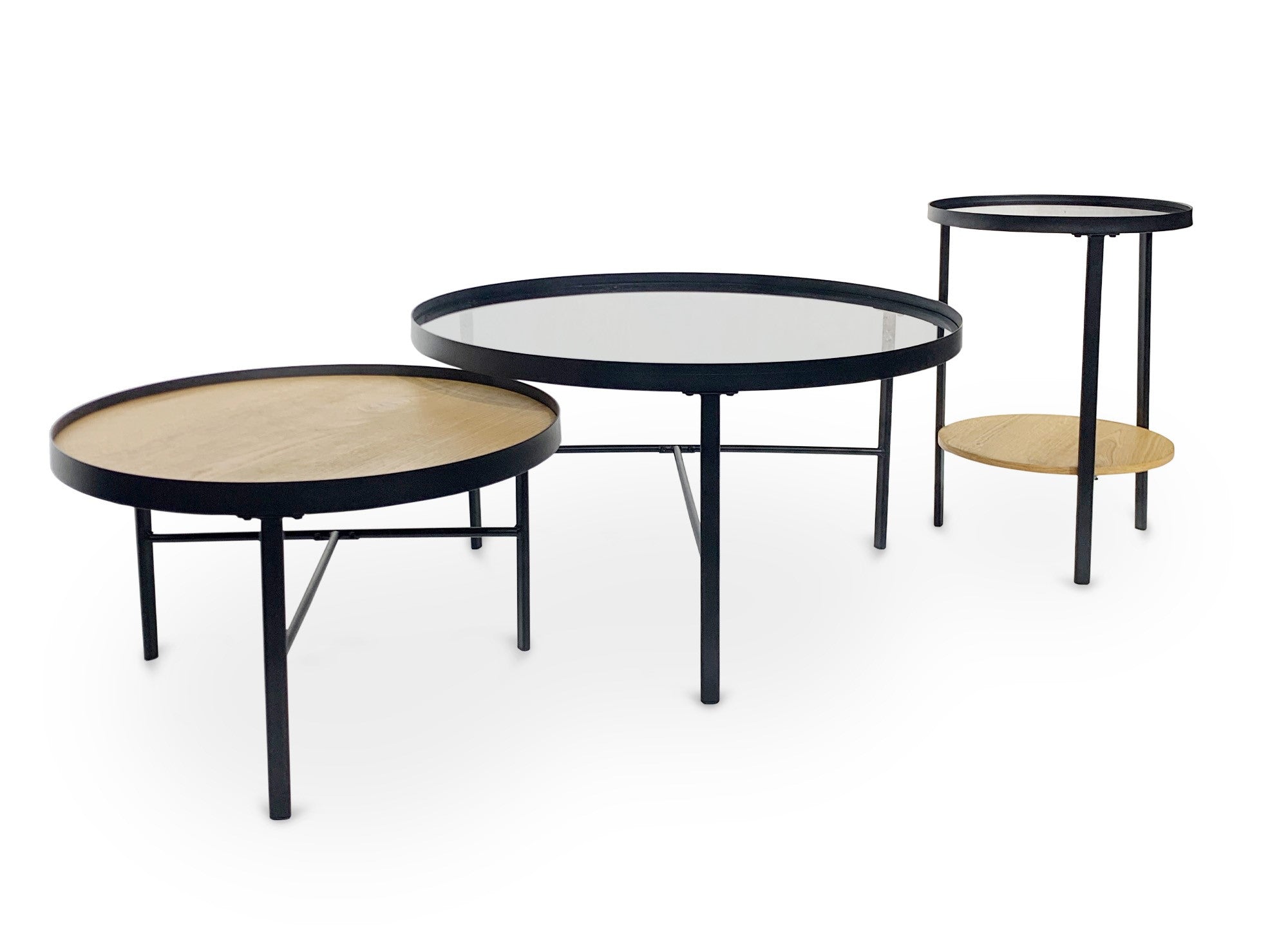 3er-Set RIONA runde Couchtische aus Holz und Glas