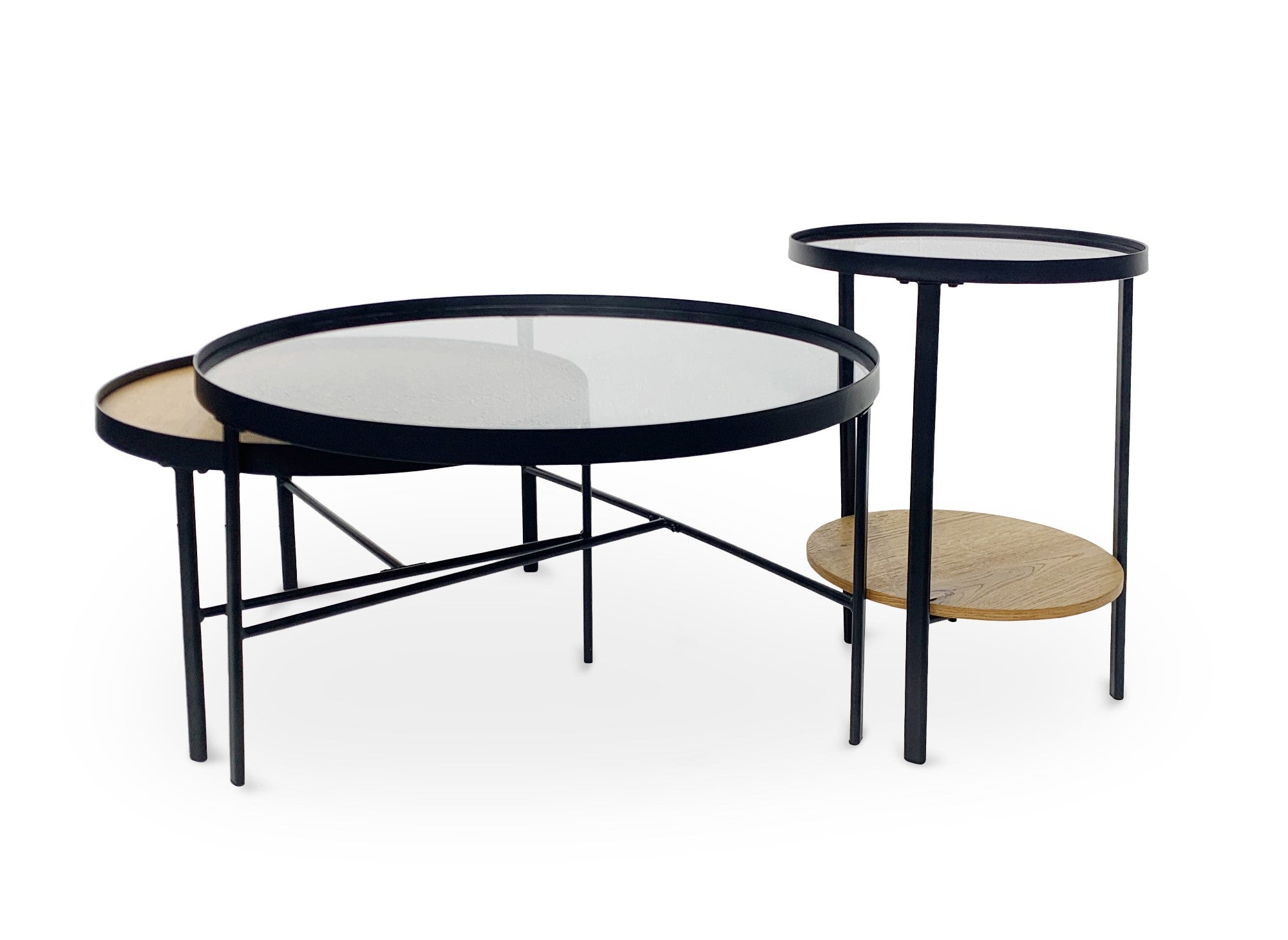 3er-Set RIONA runde Couchtische aus Holz und Glas
