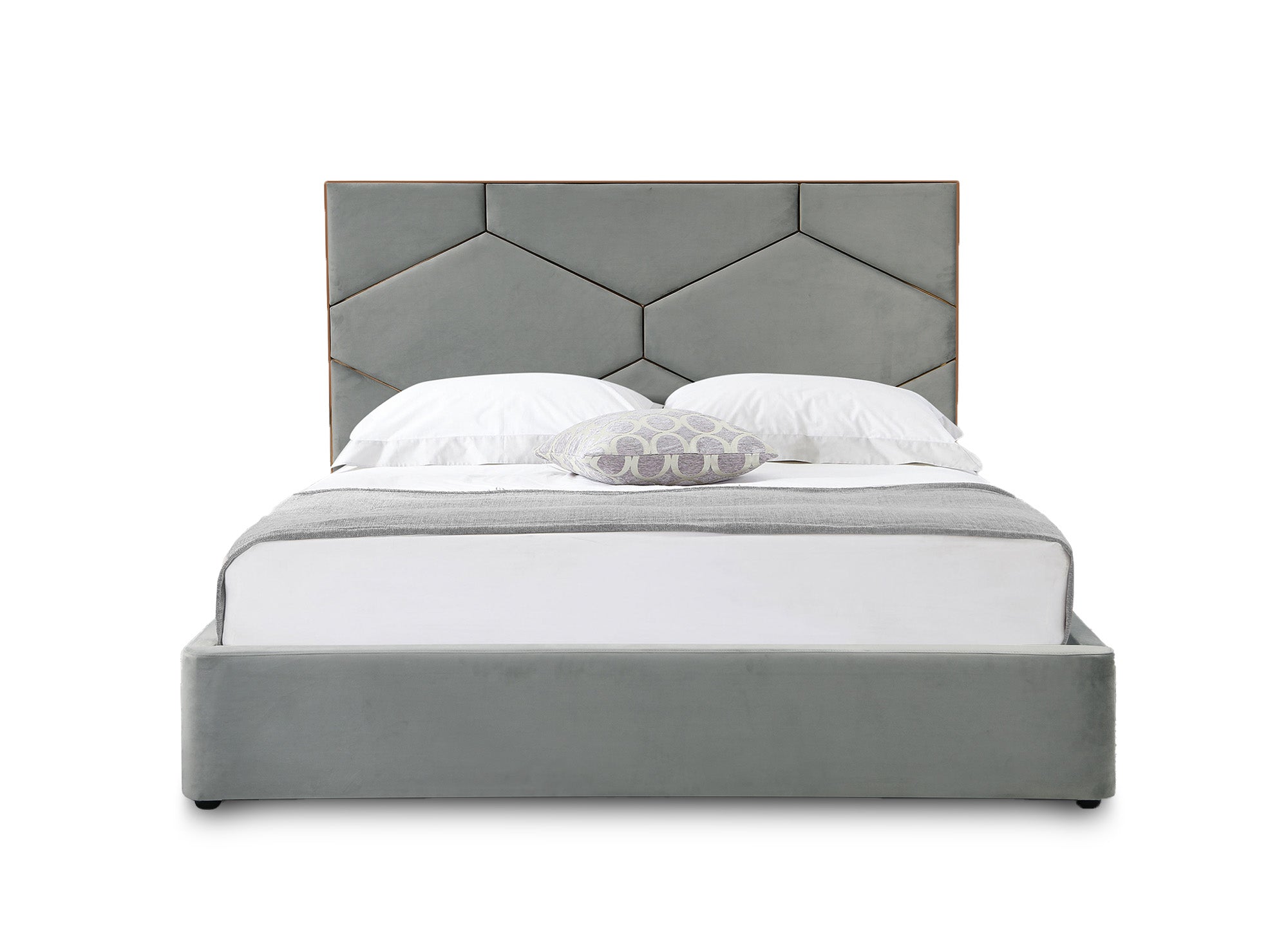LARA graues Samtbett mit Stauraum und Designer-Kopfteil 180 x 200 cm