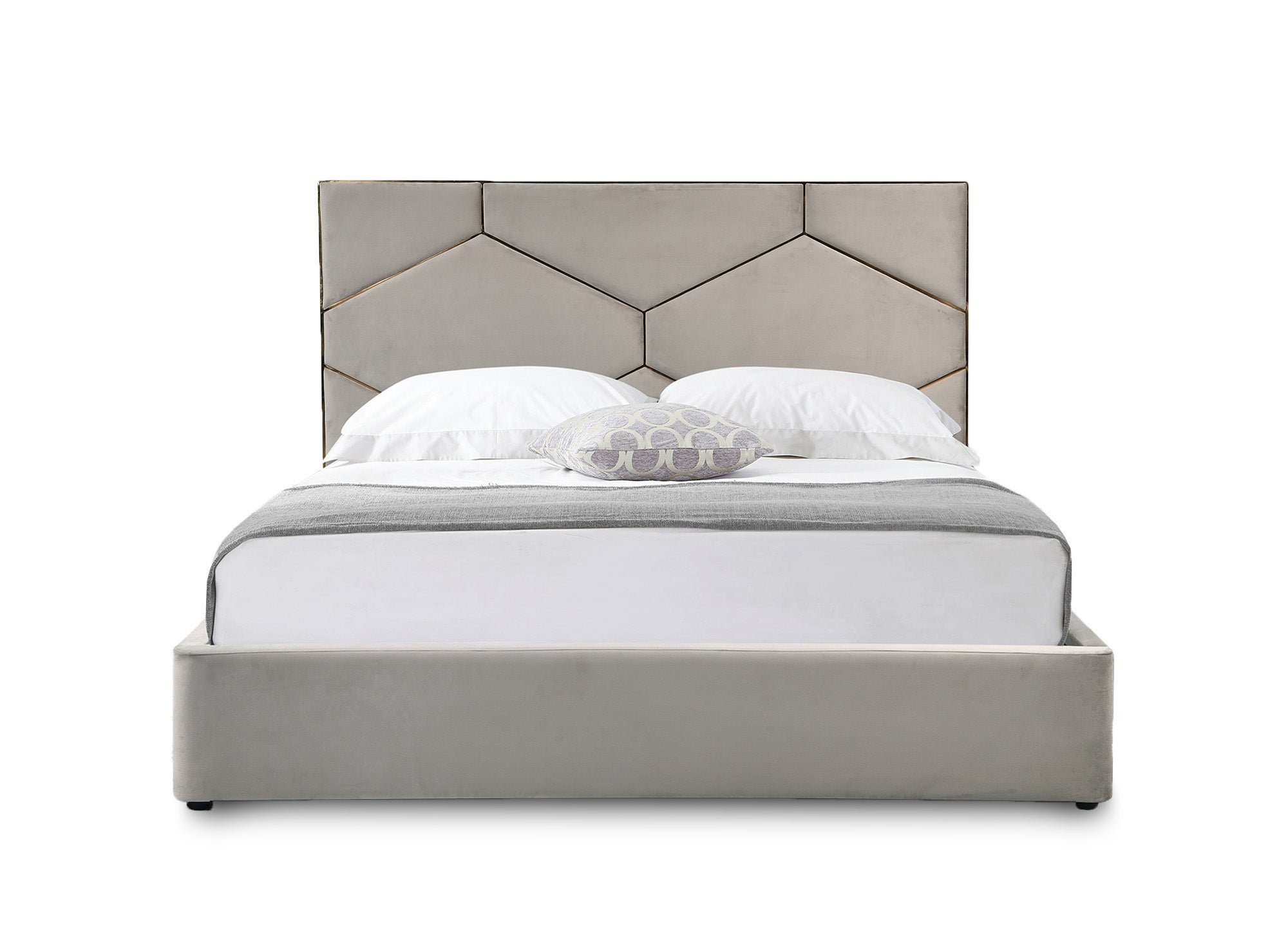 LARA Stauraumbett mit Designer-Kopfteil in Taupe Samt 180 x 200 cm