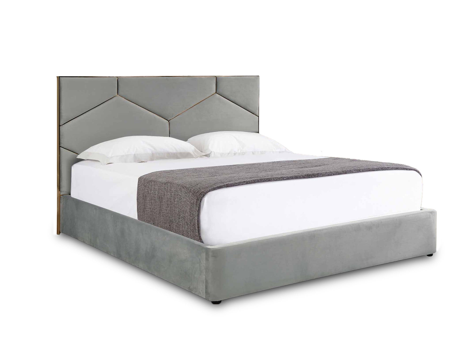 LARA graues Samtbett mit Stauraum und Designer-Kopfteil 140 x 190 cm