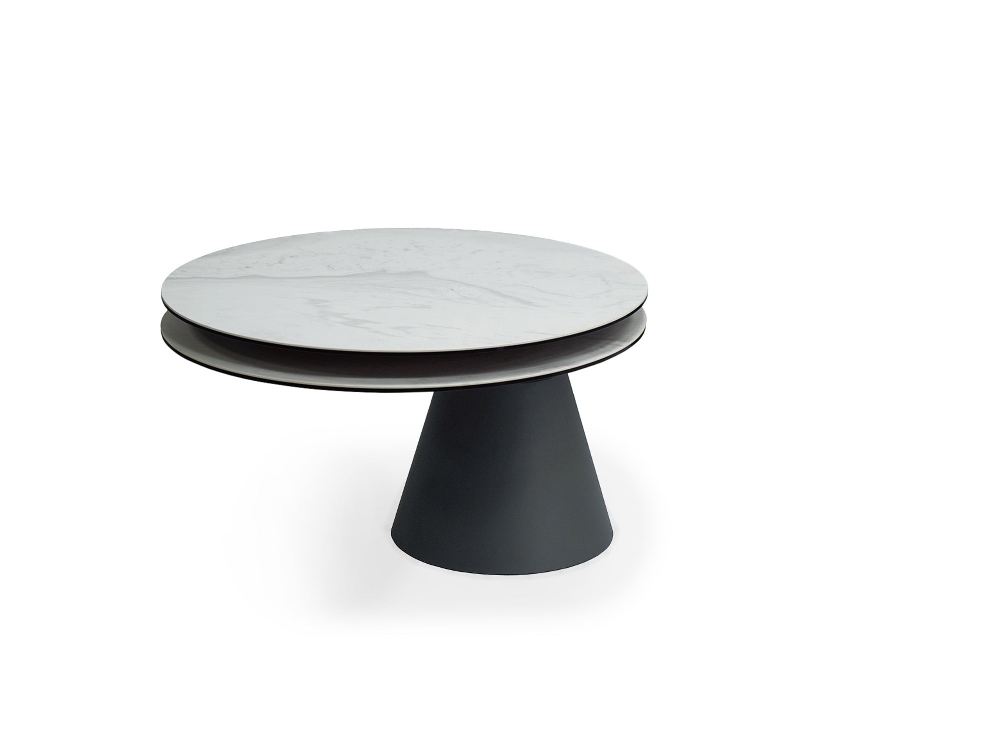 Runder Couchtisch SELENIA mit drehbarer Platte aus gehärtetem Glas und weißer Keramik in Marmoroptik