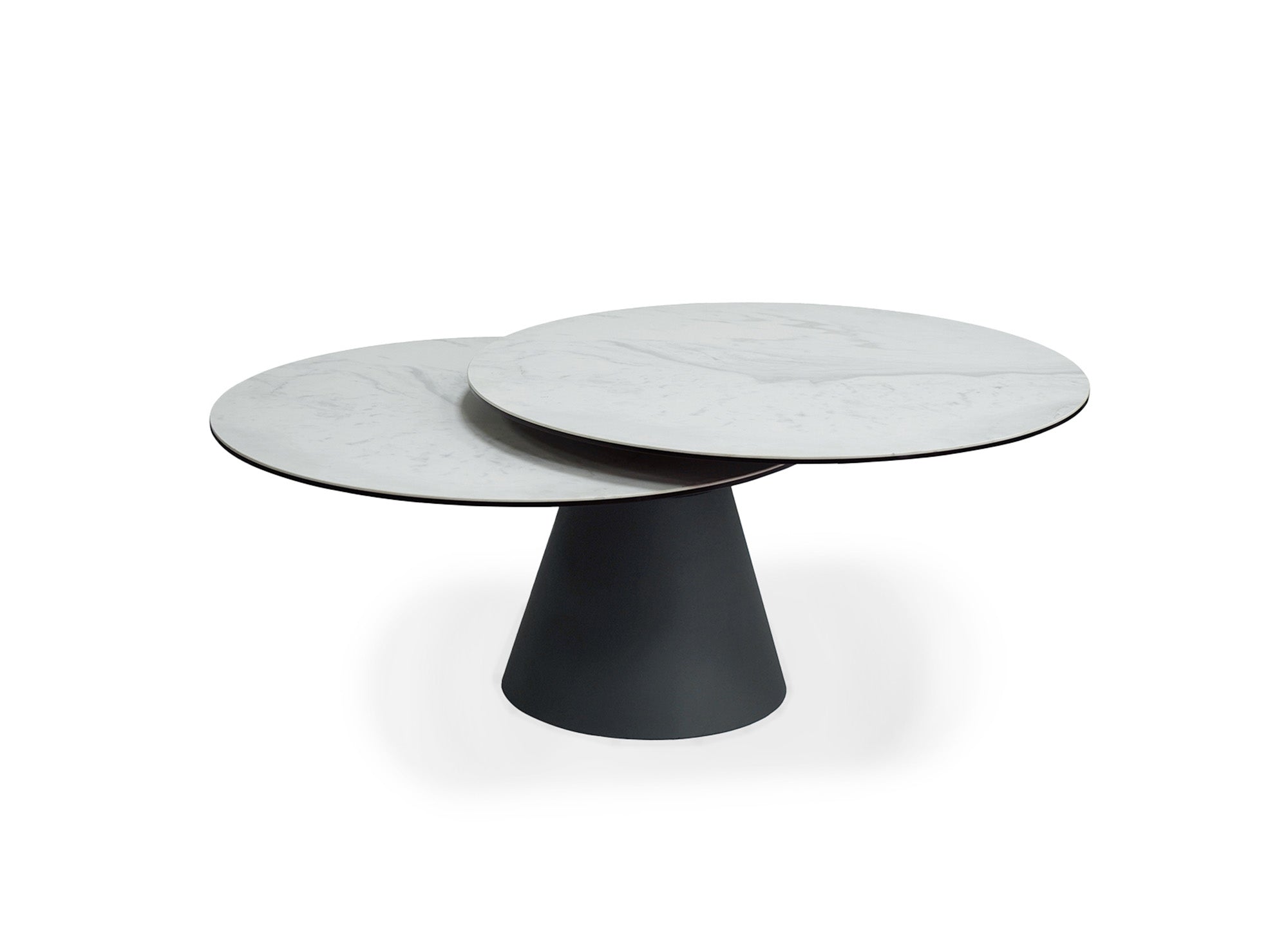 Runder Couchtisch SELENIA mit drehbarer Platte aus gehärtetem Glas und weißer Keramik in Marmoroptik