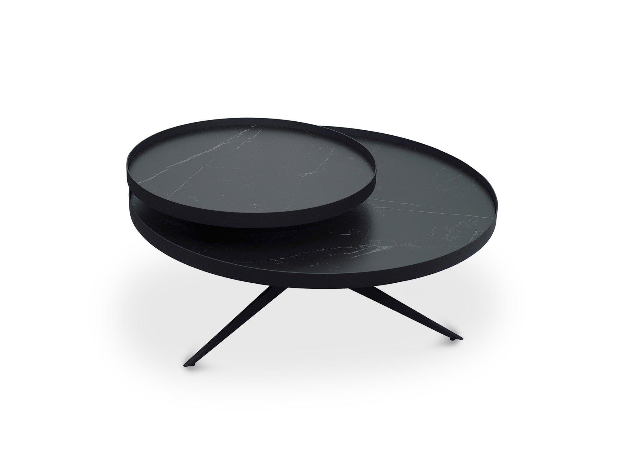 MIRANY runder Couchtisch mit 2 drehbaren Platten aus Keramik und schwarzem Metall