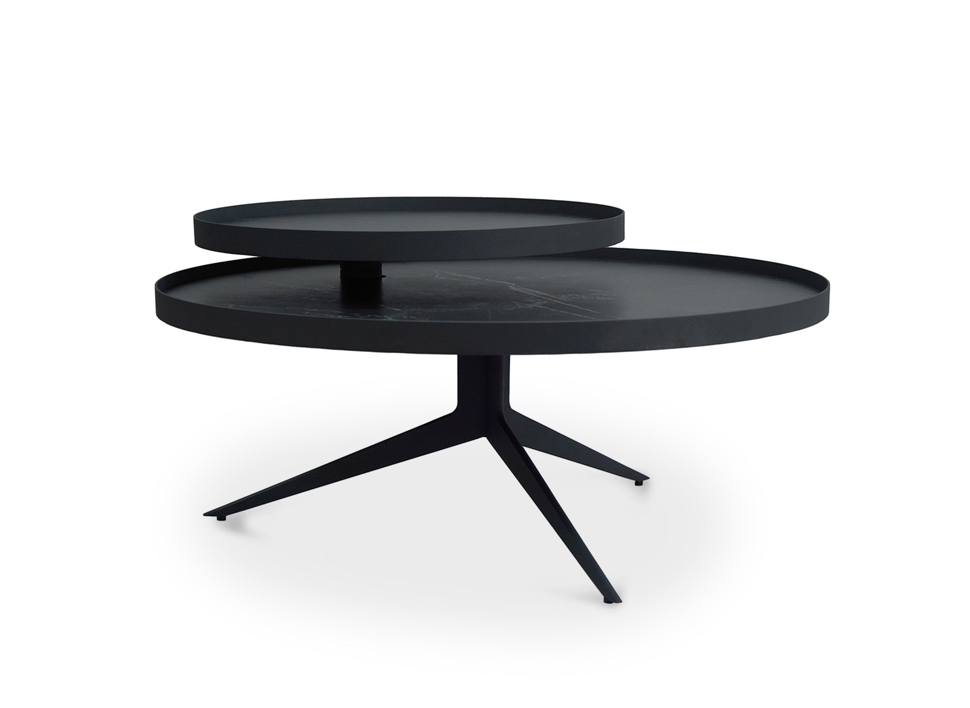 MIRANY runder Couchtisch mit 2 drehbaren Platten aus Keramik und schwarzem Metall