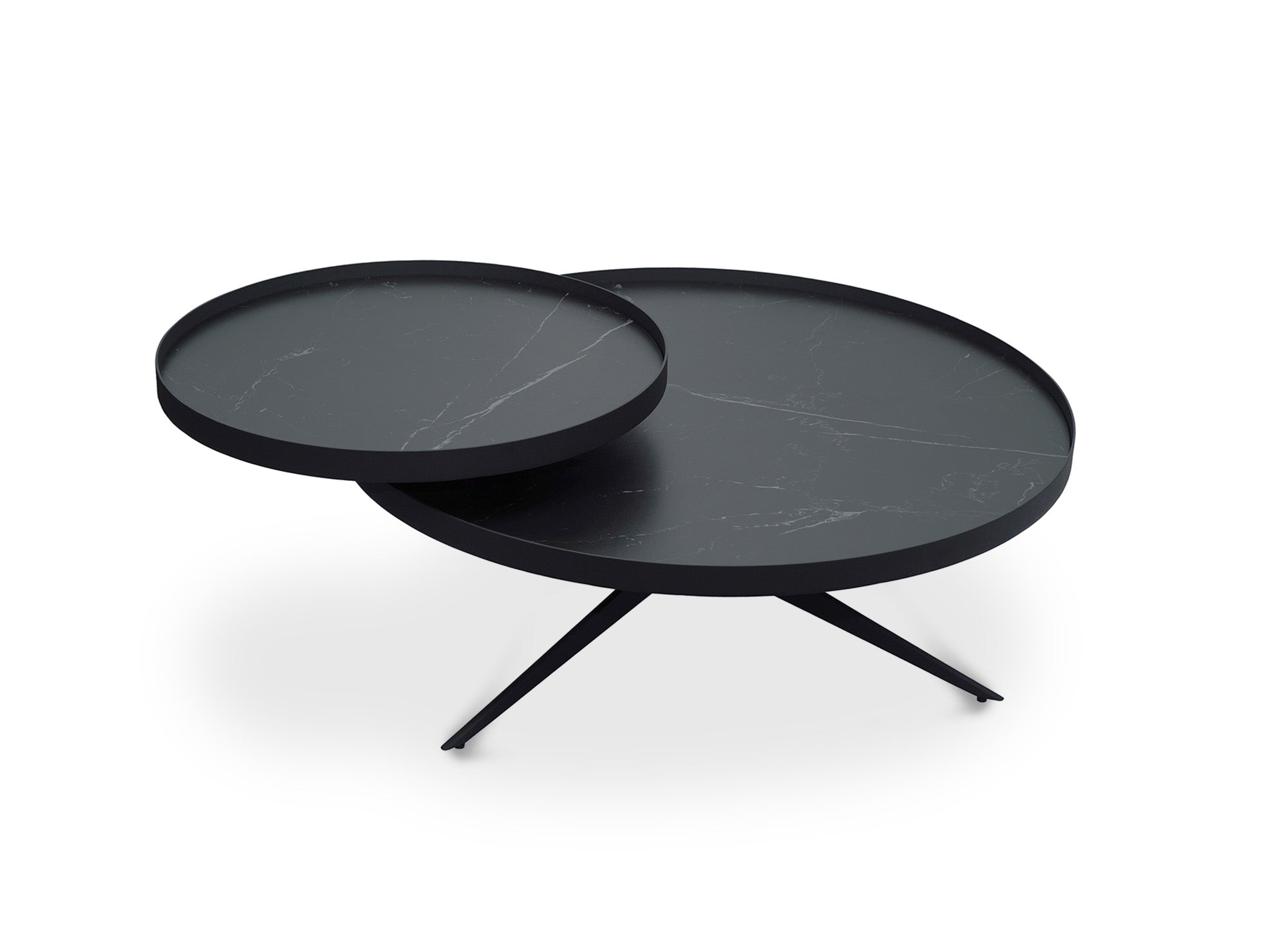 MIRANY runder Couchtisch mit 2 drehbaren Platten aus Keramik und schwarzem Metall