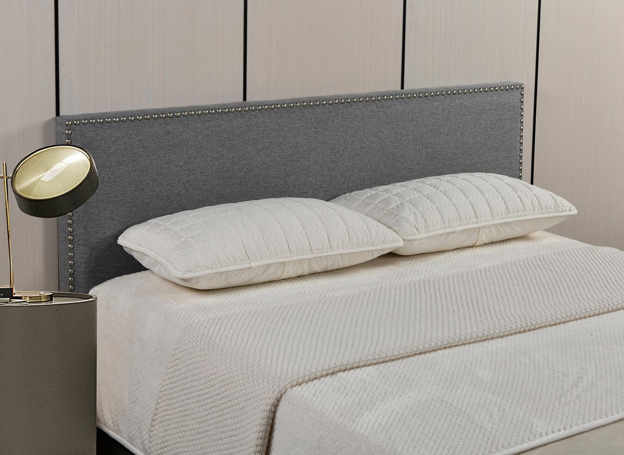 LINDA graues Kopfteil aus Leinenstoff mit Nieten 140 cm