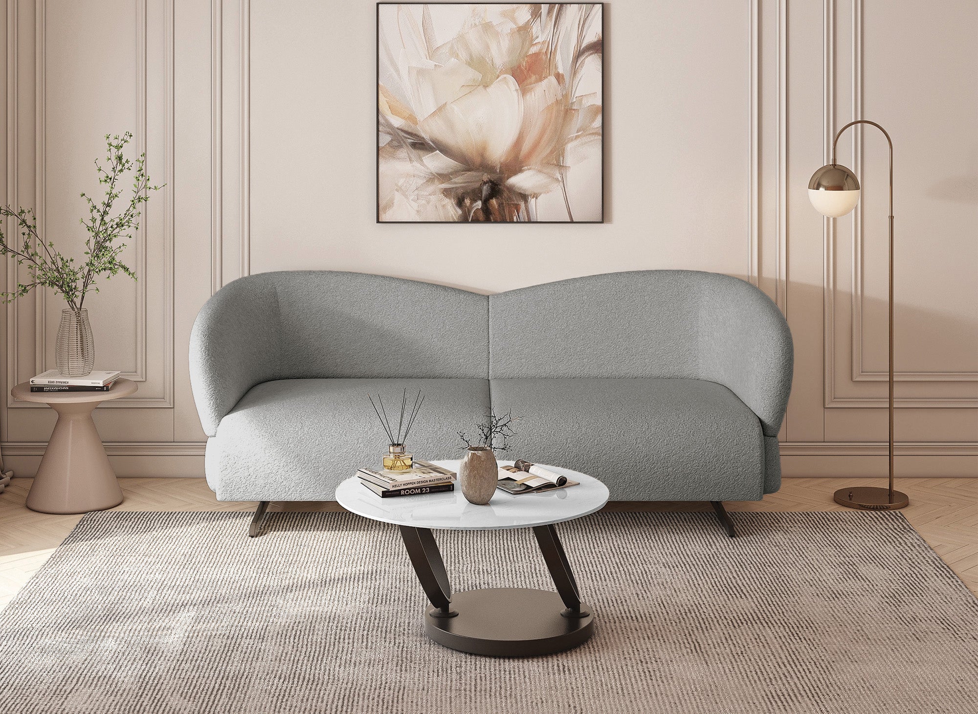 LEXIE 3-Sitzer-Sofa aus hellgrauem Stoff mit Schaffelleffekt