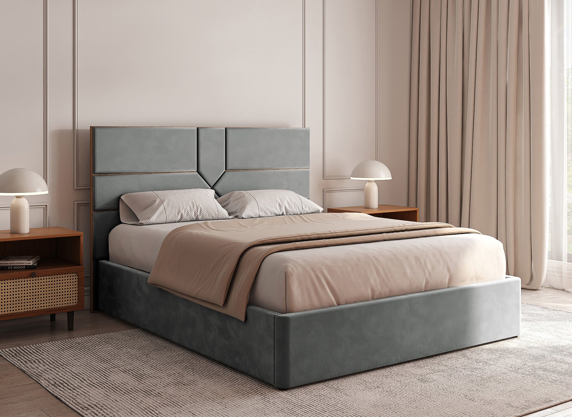 DAVINA Designer-Bett mit Stauraum, 180 x 200 cm, Samt, grau