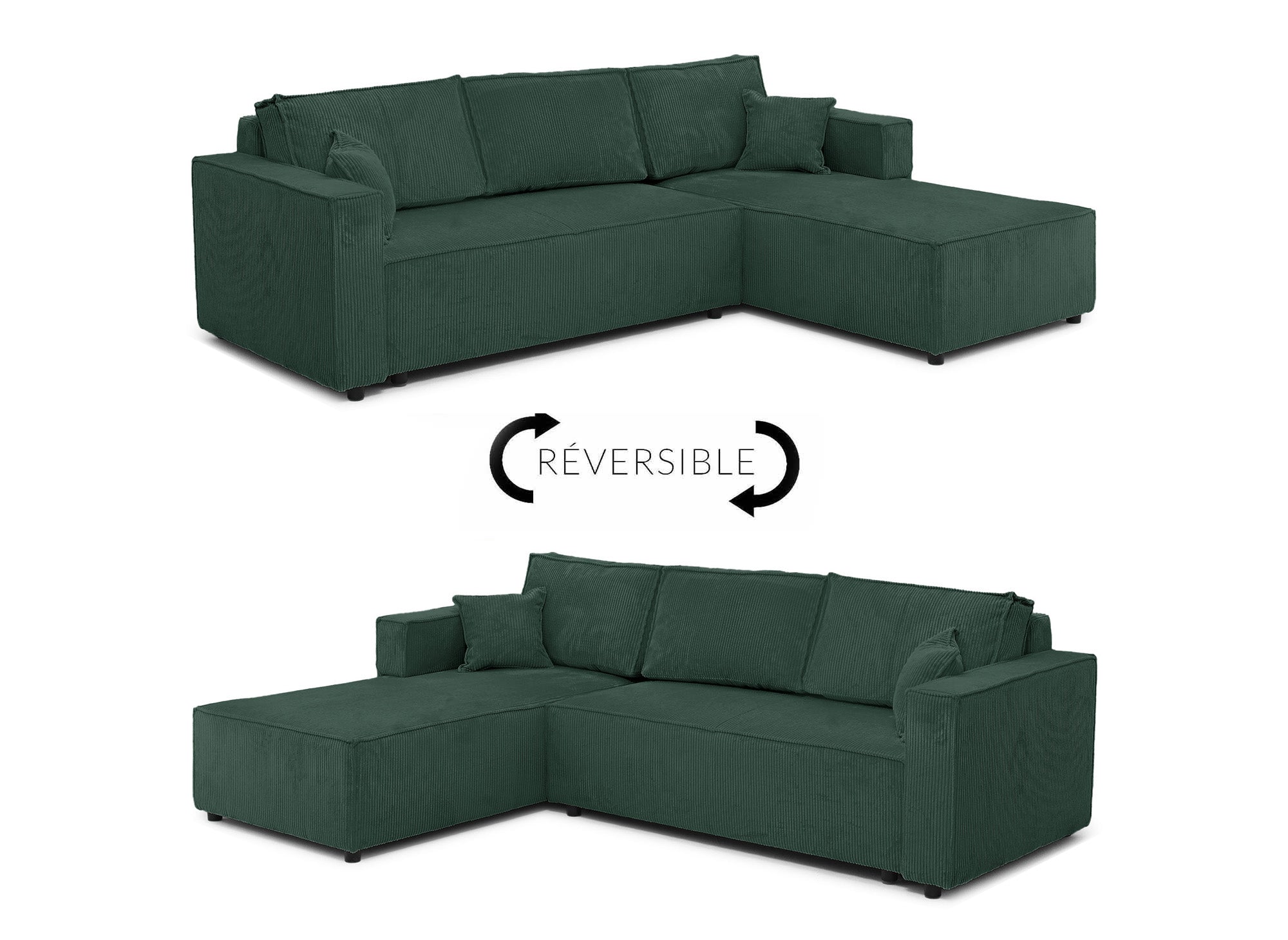 SYNA Ecksofa aus grünem Cord mit Stauraum, umwandelbar