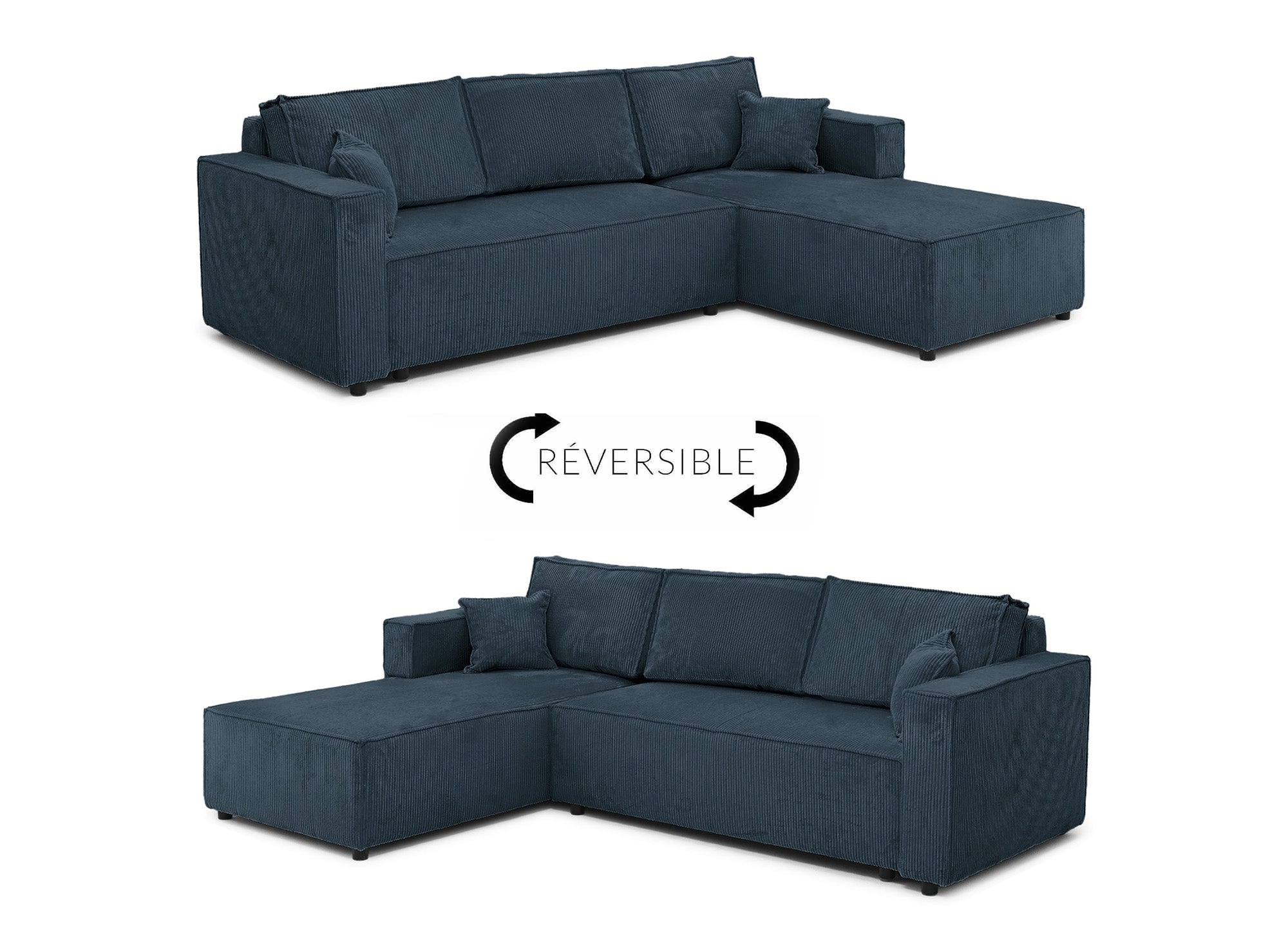 SYNA Ecksofa aus blauem Cord mit Stauraum