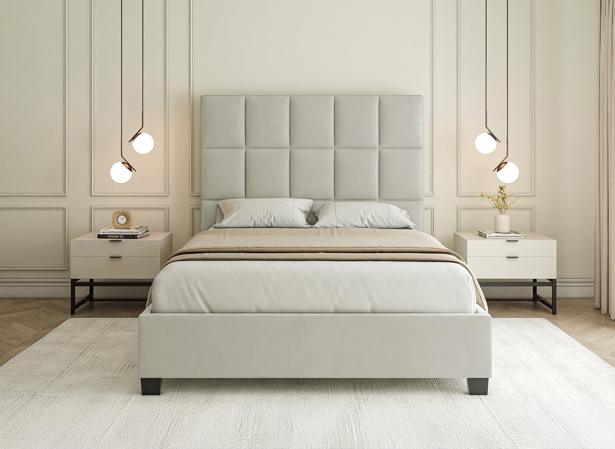 CAROLINE Designer-Bett mit Stauraum, beige, Samt, 160 x 200 cm