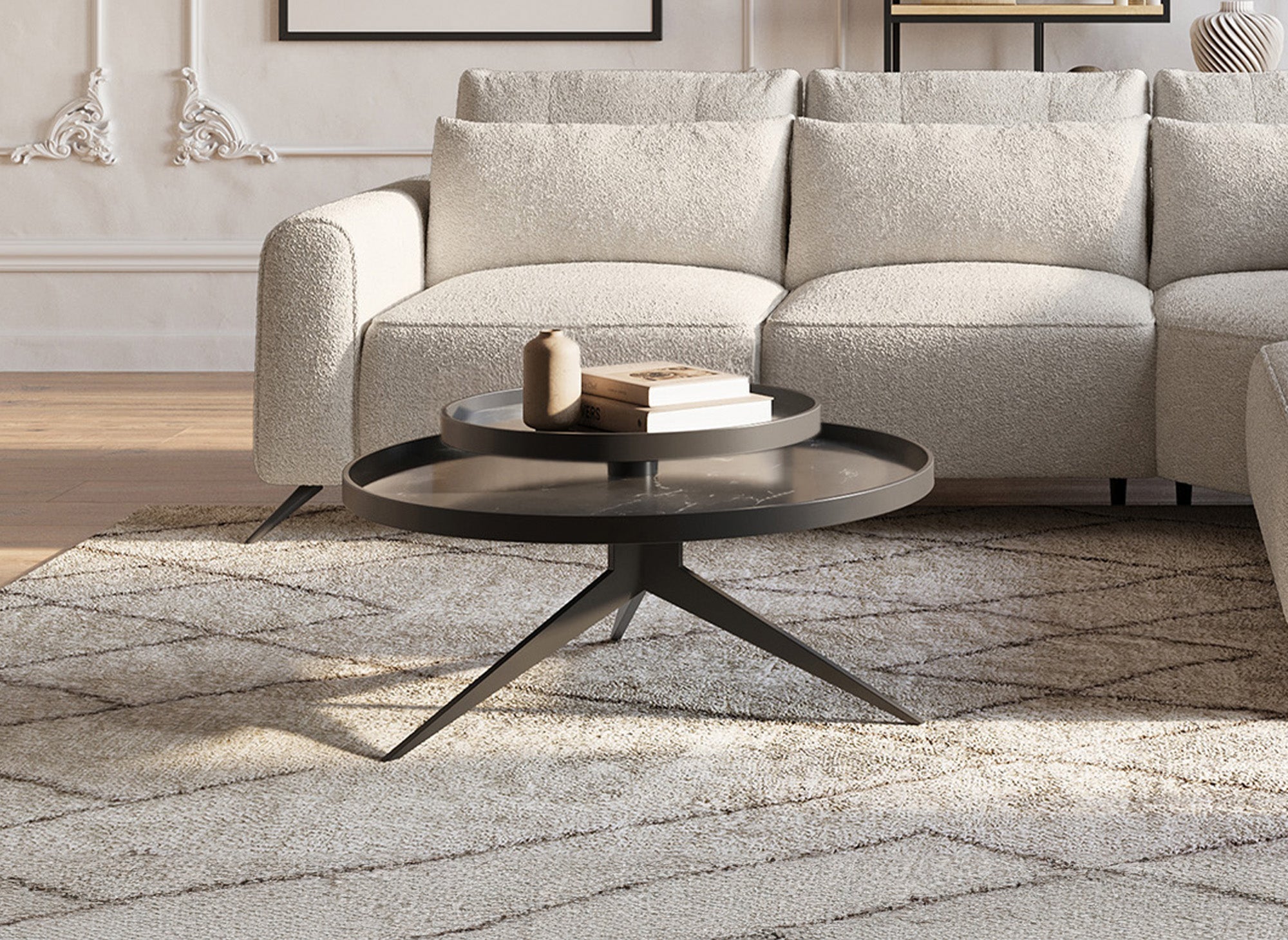 MIRANY runder Couchtisch mit 2 drehbaren Platten aus Keramik und schwarzem Metall
