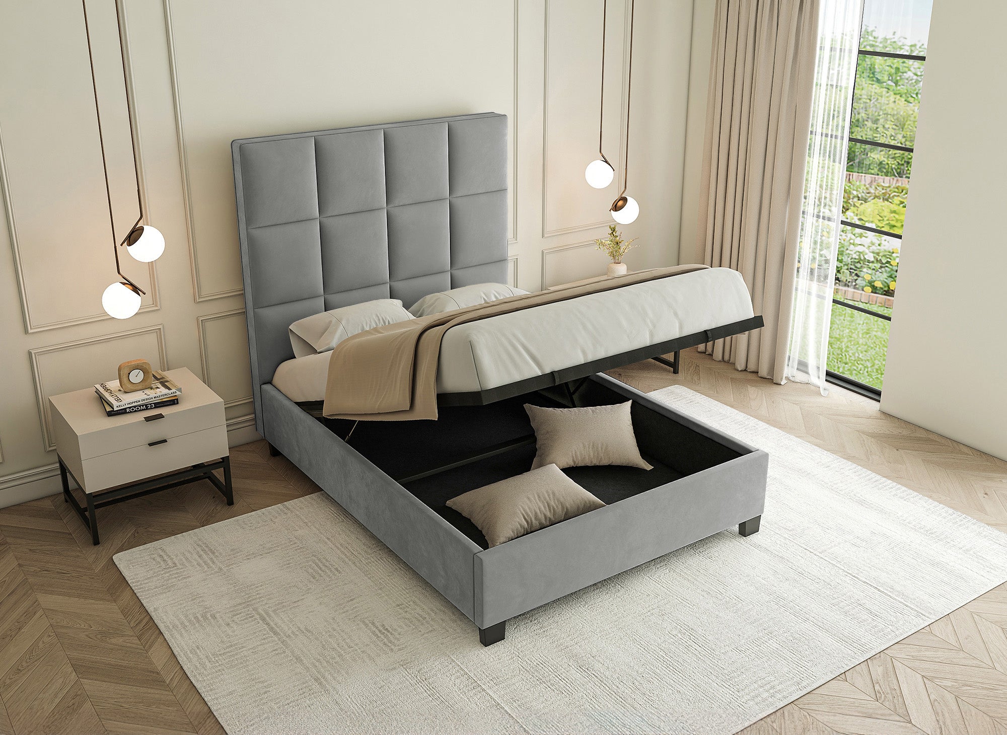 CAROLINE Designer-Bett mit Stauraum, Samt, grau, 140 x 190 cm