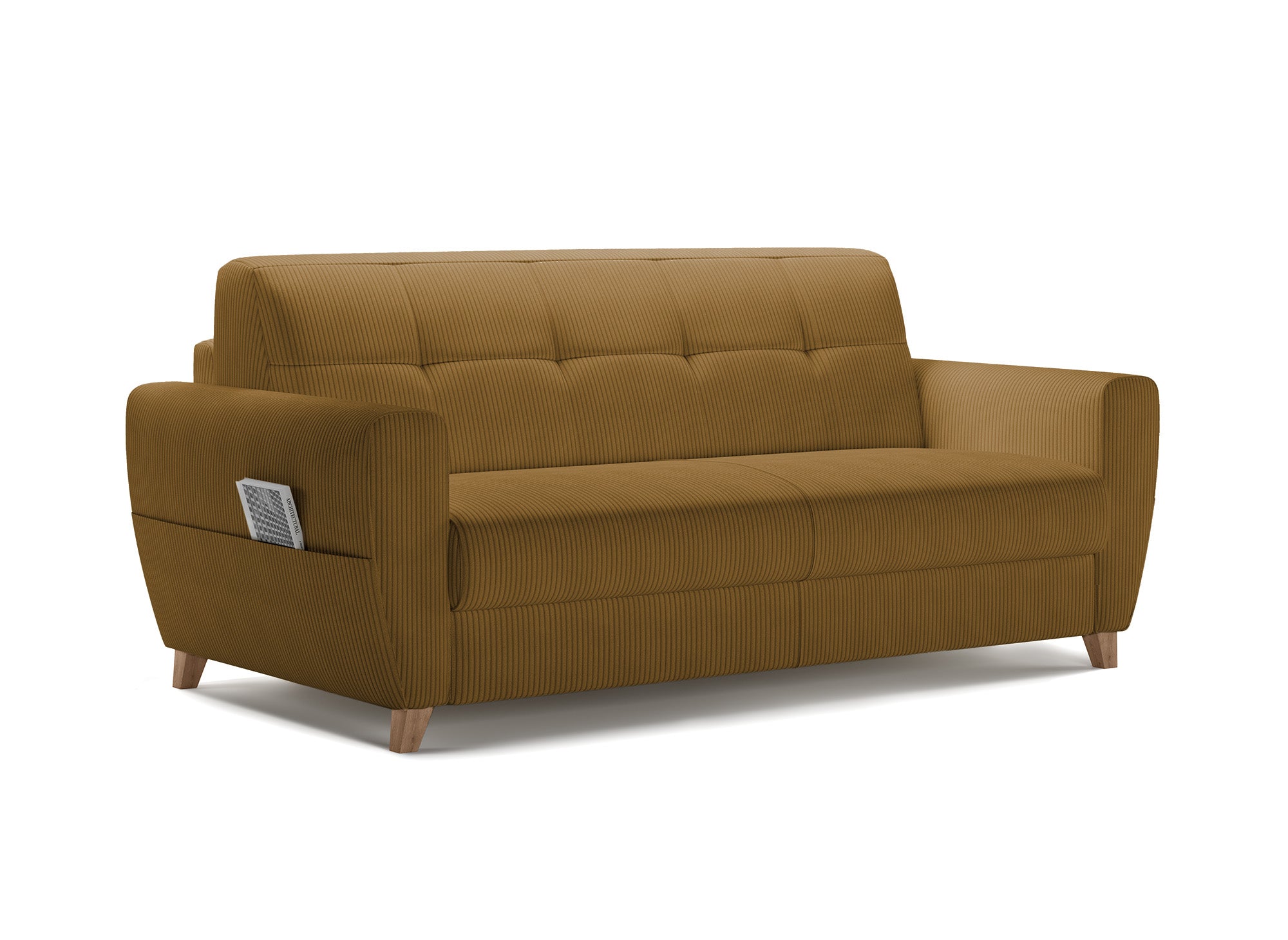 TOBIAS 3-Sitzer-Schlafsofa aus senffarbenem Cord mit 14 cm Matratze