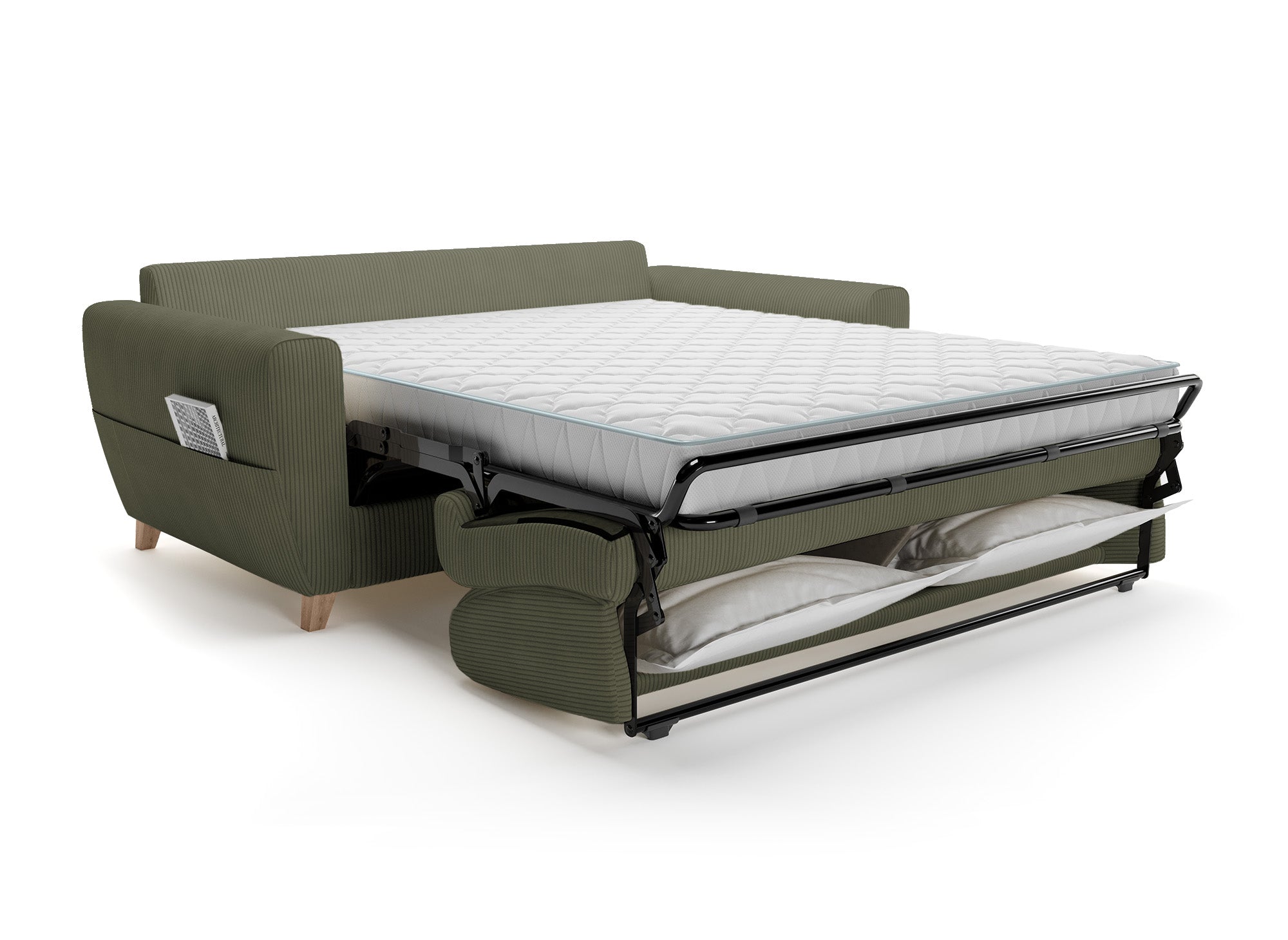 TOBIAS 3-Sitzer-Schlafsofa aus khakigrünem Cord mit 14 cm hoher Matratze
